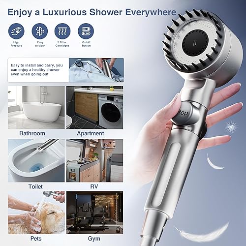 Miniatura 7 de Cabezal de ducha filtrado con mano, cabezal de ducha de alta presión con interruptor de encendidoapagado, 3 modos de pulverización y modo de energía