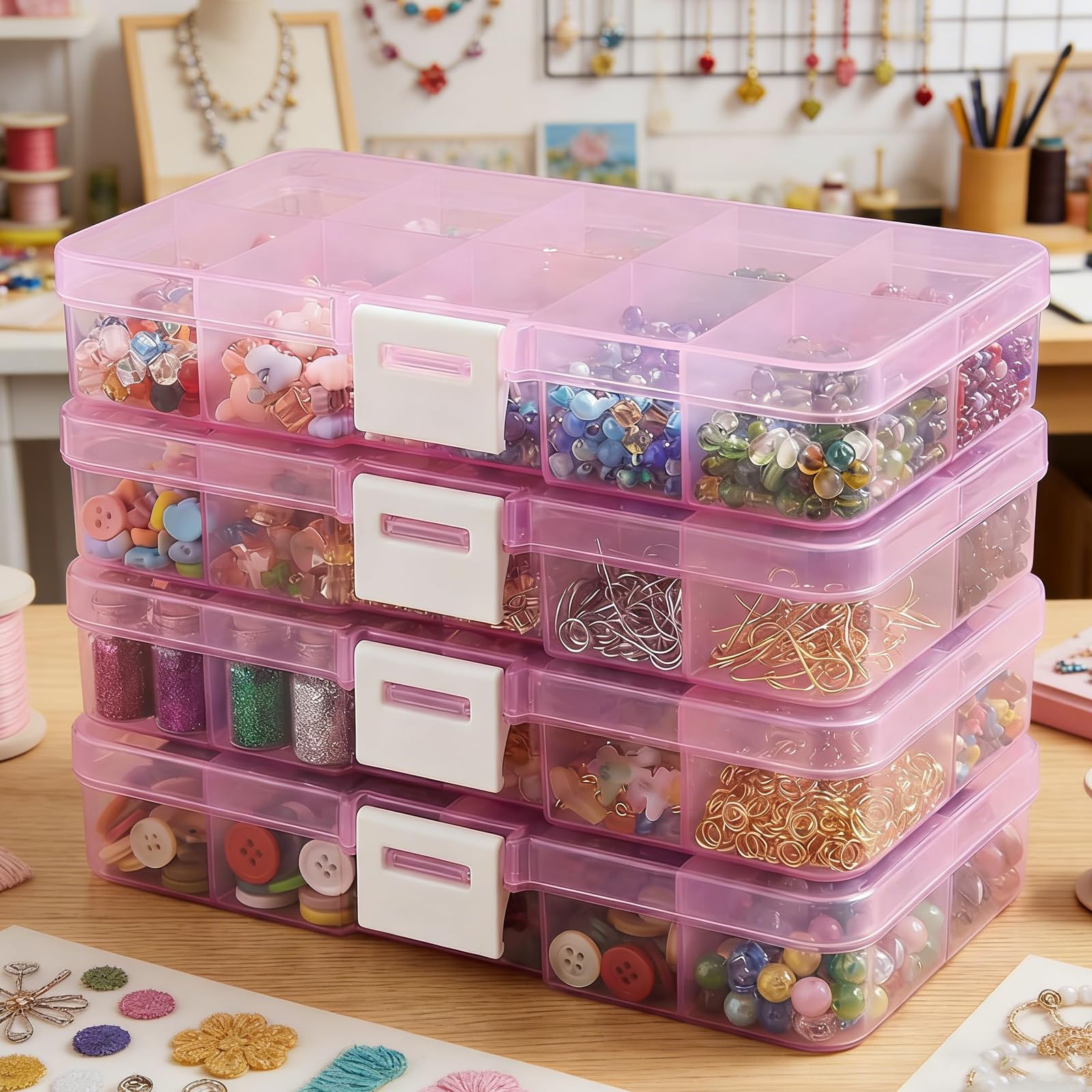 4 Pack 40-Grid Plastic Organizer Boxes: Waterproof Stackable Storage for Jewelry, Crafts, Nails & Fishing Tackle. Portable Hardware Parts Holder.（Pink）