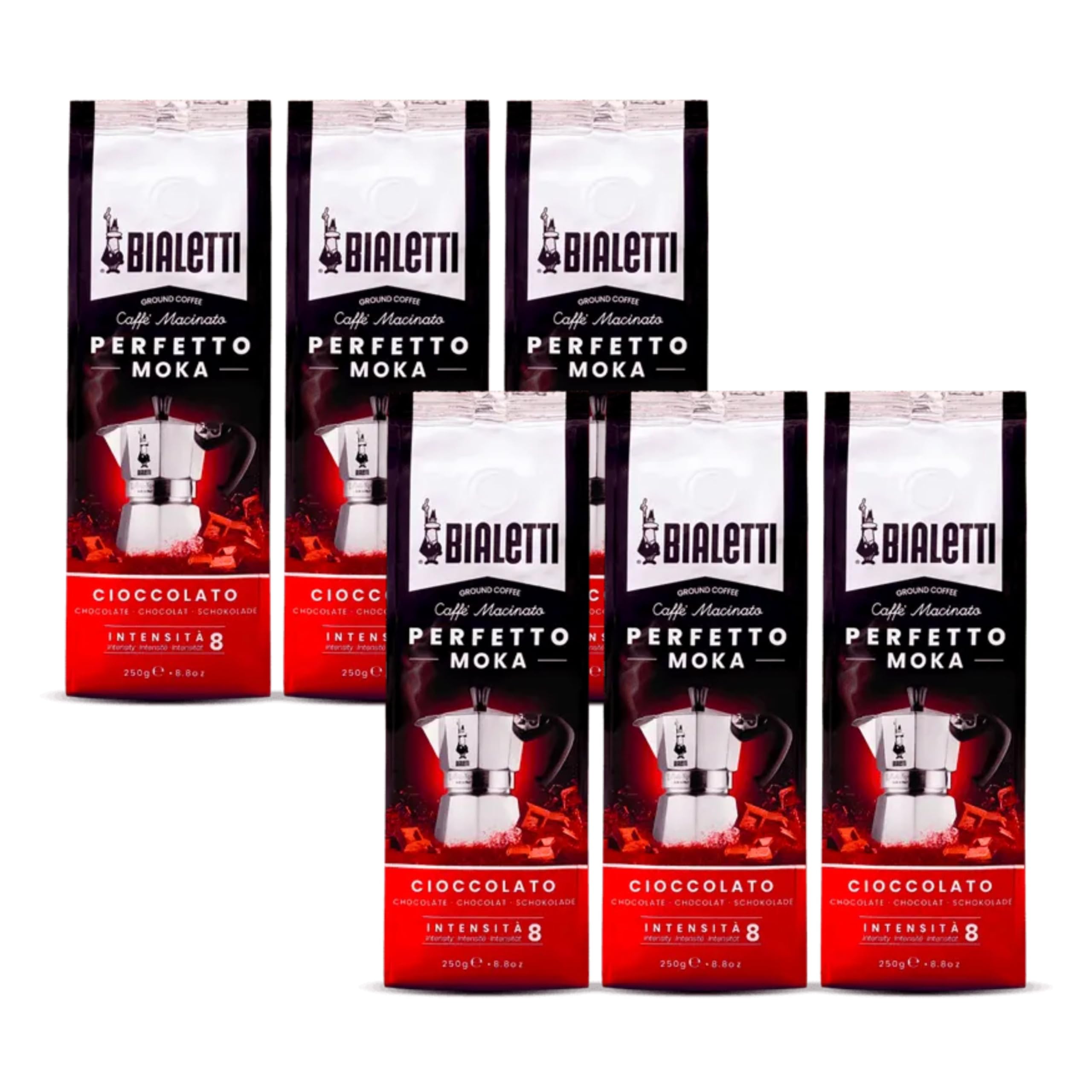 Bialetti - Perfetto Moka Cioccolato: Gemahlener Kaffee mit mittlerer Röstung, Schokoladenaroma, 250g x 6, Beutel mit Aromaventil