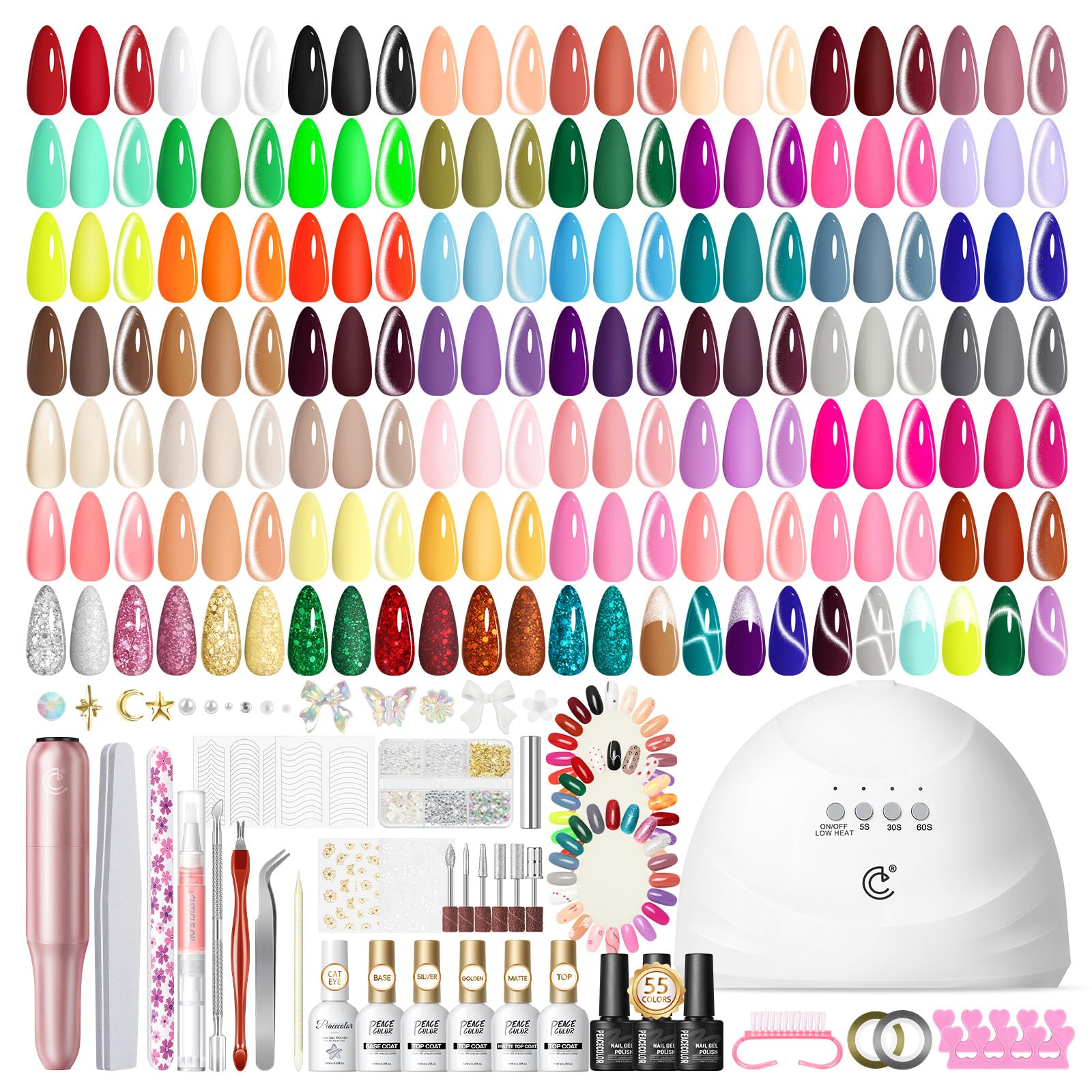 PEACECOLOR Kompletny zestaw 83 szt.: 55 kolorów żeli UV, lampa, frezarka, baza i top coat. Perfekcyjny zestaw startowy i na prezent