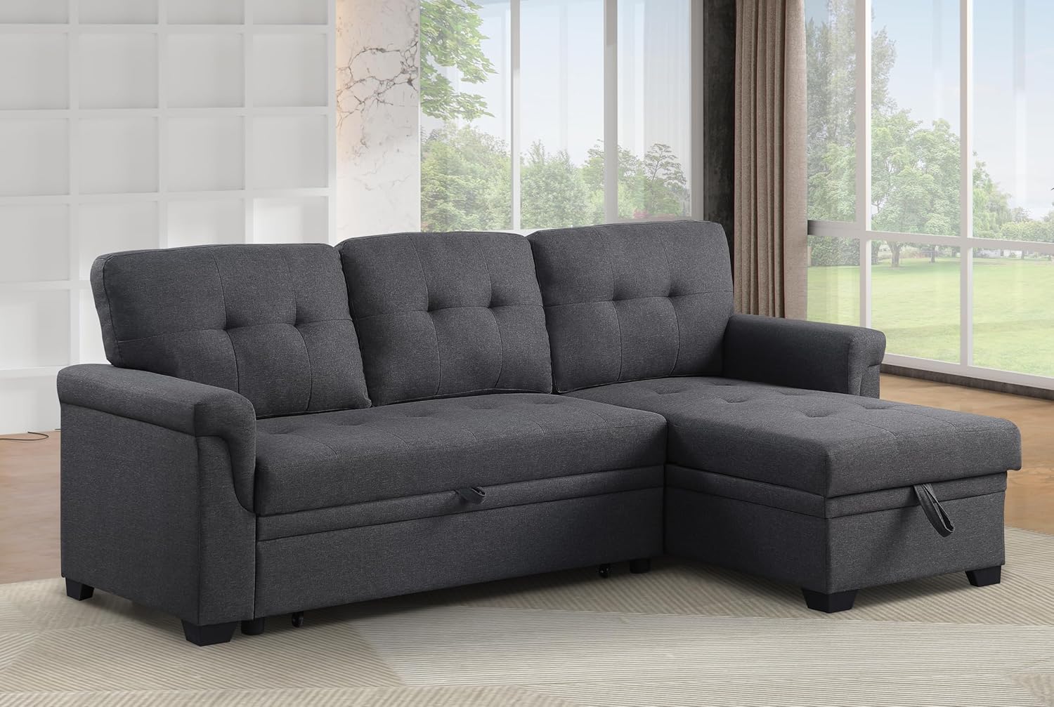 Devion Furniture Regis 4-in-1 Convertible L Shaped Couch with Pull Out Bed and Storage, Sectional Sleeper Sofa with Reversible Chaise for Living Room, Apartment, Bedroom, Office Linen Sectional Sofa with Storage Dark Gray Sleeper Sofa