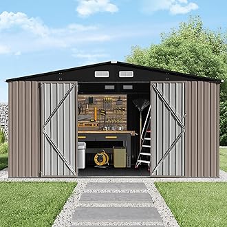Verano Garden 12x10FT Outdoor Storage Shed, Large Galvanized Steel Metal Garden Shed with Window, Lockable Double Door for Safety,Outdoor Storage House for Backyard, Patio, Lawn