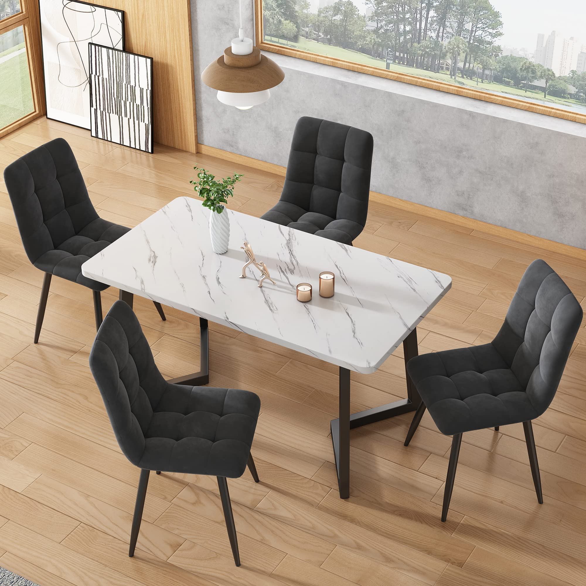 Merax marble Dining Table 117x68cm, Metal Frame Rectangular Kitchen Table, in Modern Marble Pattern, with Black Metal Legs, for 4 people, for Home & Office, White/Black — image 1