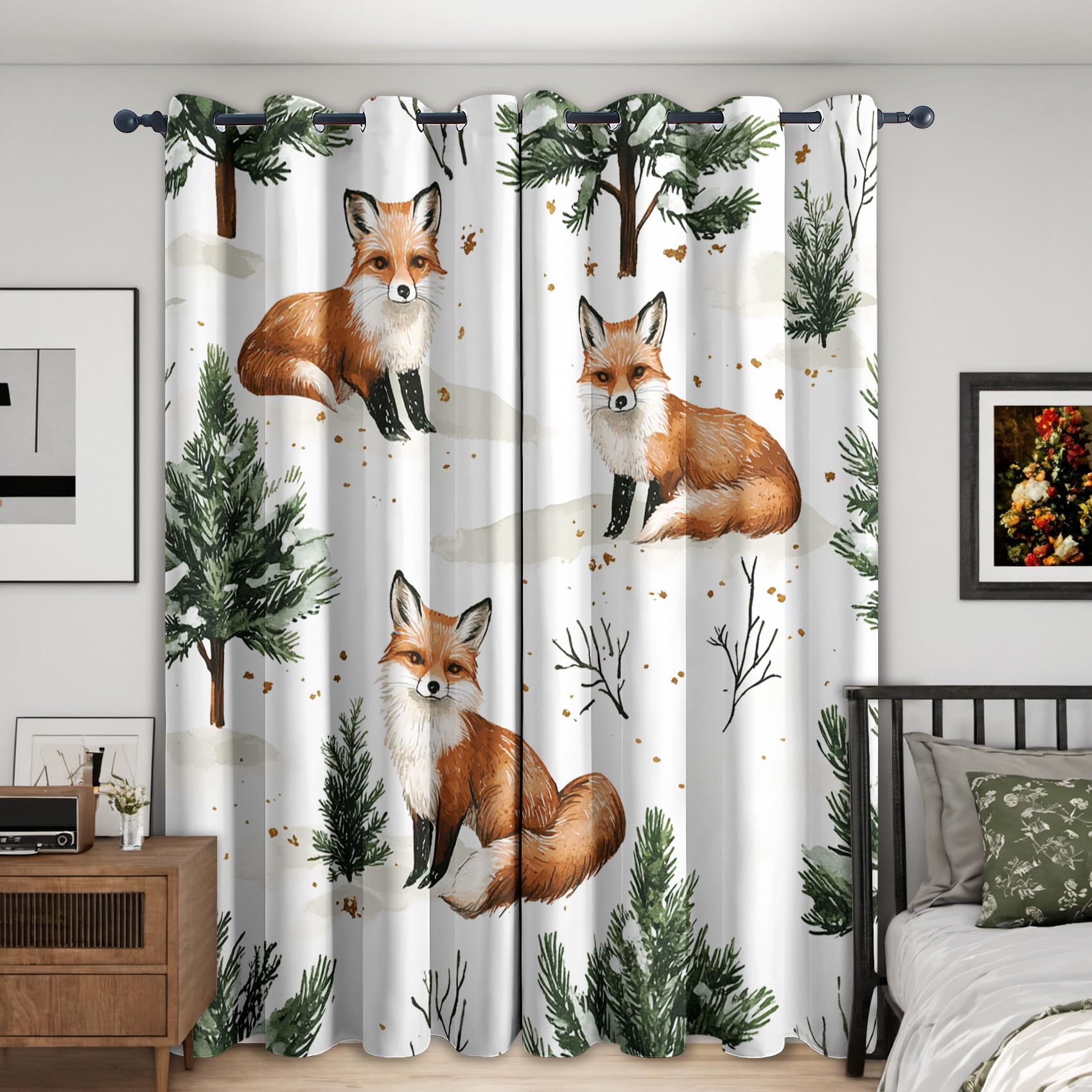 Kids Fox Curtains for Bedroom 90x108, Woodland Forest Animal Curtains Blackout Living Room Home Decor, Printed Window Eyelet Drapes 108 Inch Drop 2 Panels - Aud33