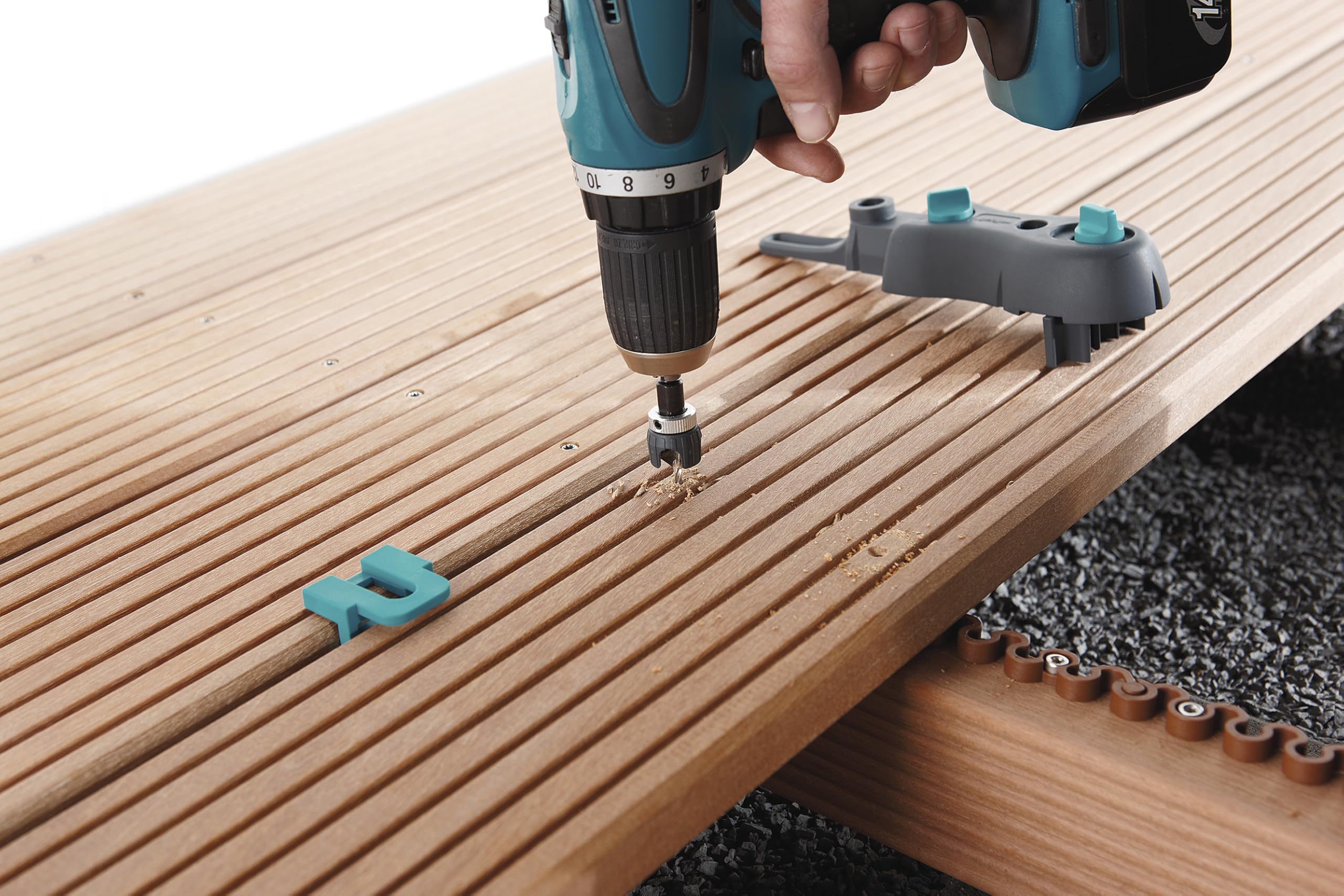 wolfcraft Set di Foratura per Terrazze 3 Pezzi, con Guida Regolabile 100–145 mm, Punta HSS 4 mm con Svasatore e Arresto di Profondità per Avvitamento Uniforme Tavole – 6960000