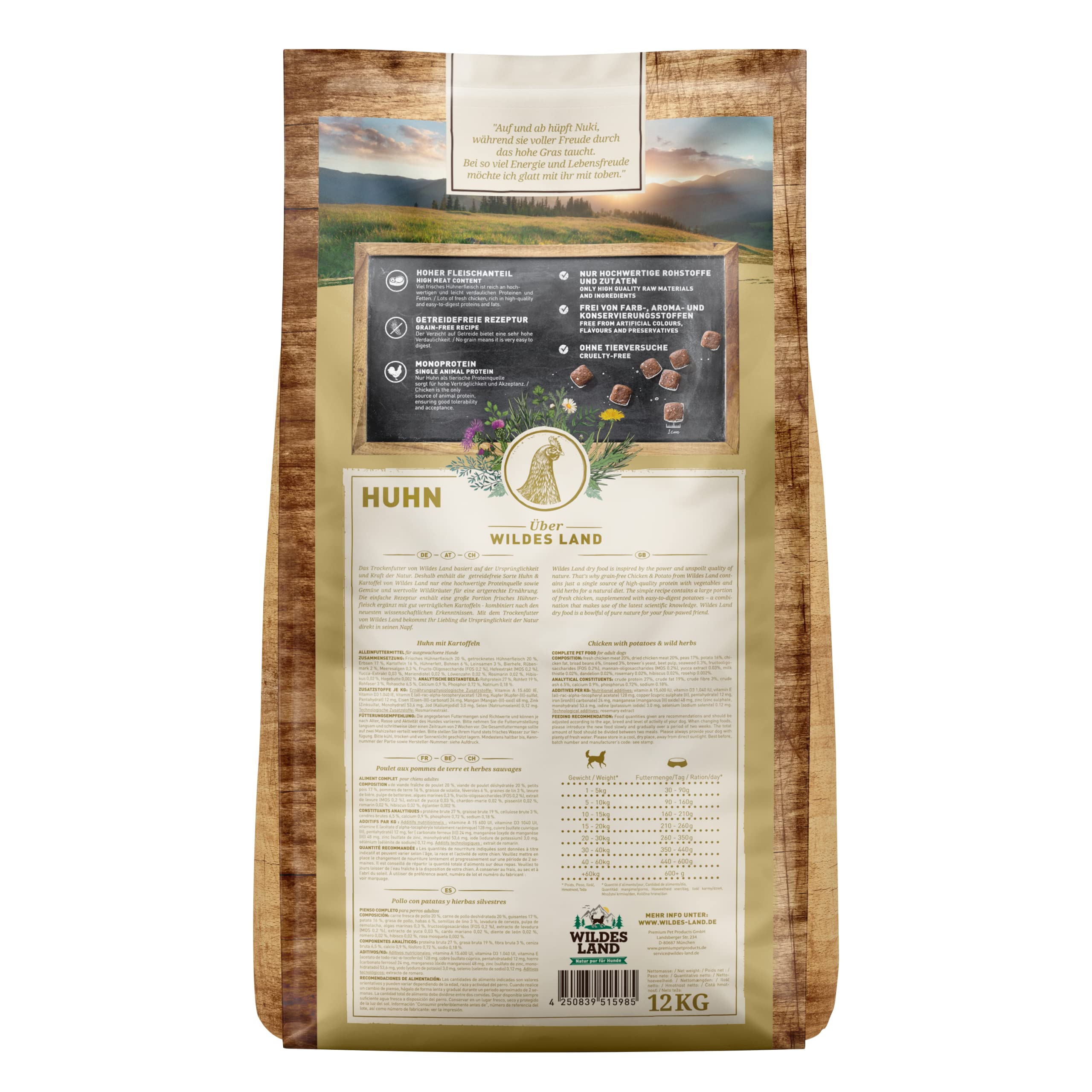 WILDES LAND – Huhn | Trockenfutter mit extra hohem Fleischanteil und natürlichen Zutaten für ausgewachsene Hunde. Alleinfutter ohne Zusatzstoffe im Beutel | 12kg Huhn