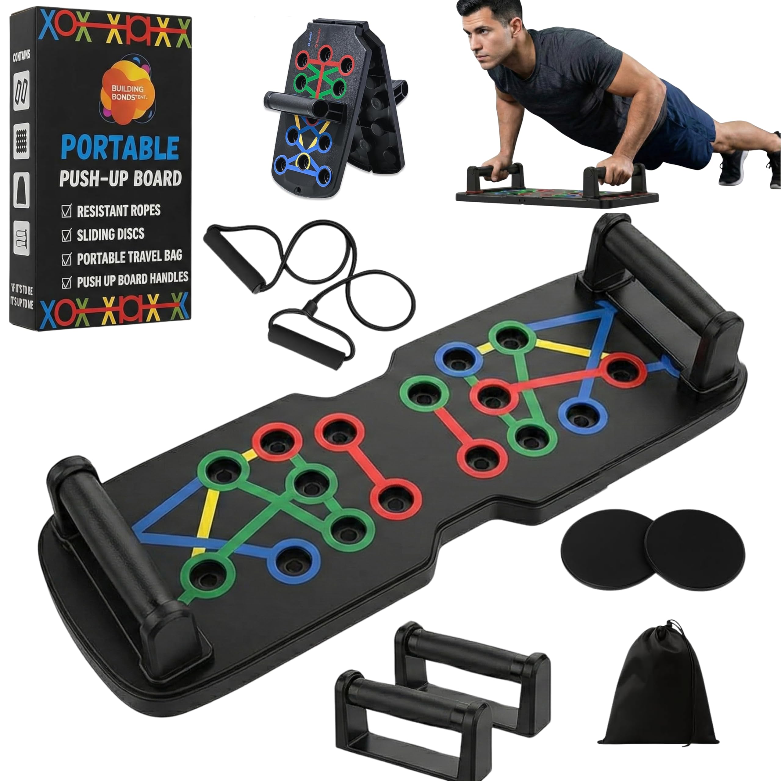 Push Up Board 21-in-1 Home Workout Equipment for Men & Women – Multi-Functional Push Up Bar with Handles, Resistance Bands, Sliding Discs & Carry Bag