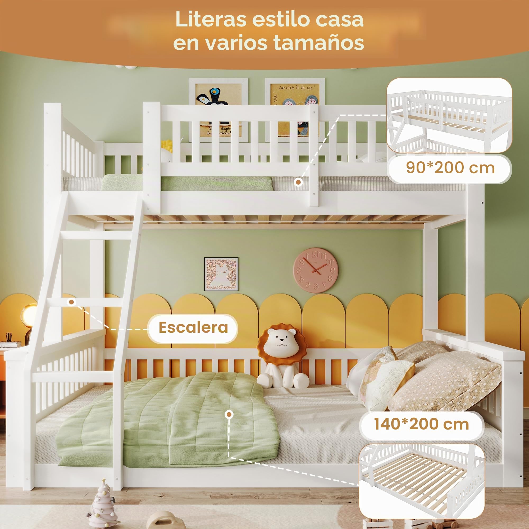 Litera Infantil 90x200 cm & 140x200 cm, Cama Literas Matrimonio con Escalera y Barandillas, Litera Matrimonio para 2 Niños, Estructura de Cama Doble de Madera, Blanco, Sin Colchón