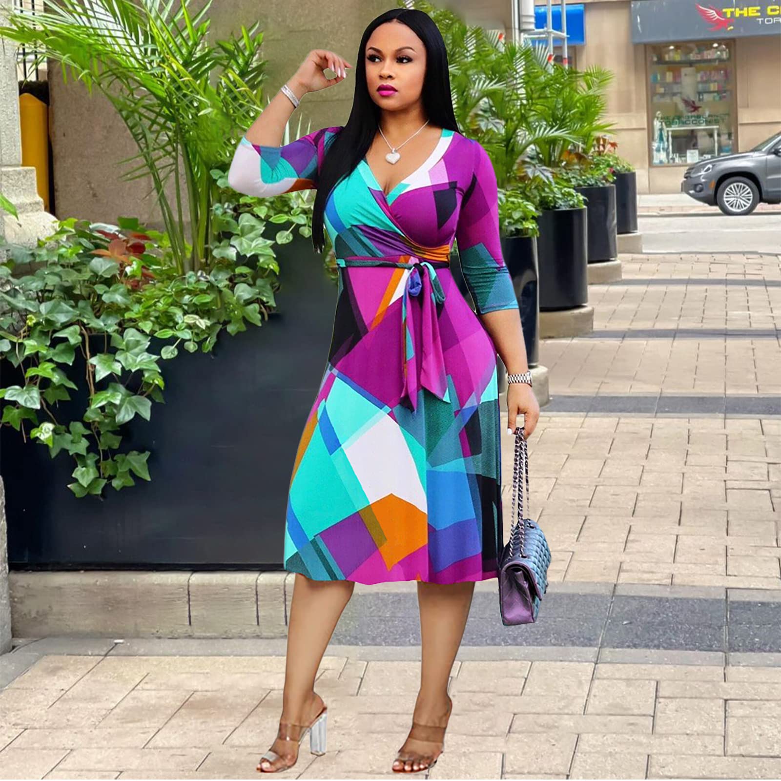 Womens Plus Size Summer Dresses Sexy V Neck Midi Dress Faux Wrap Dress 34 Sleeve Boho Casual Floral A-Line Skirts product thumbnail 5