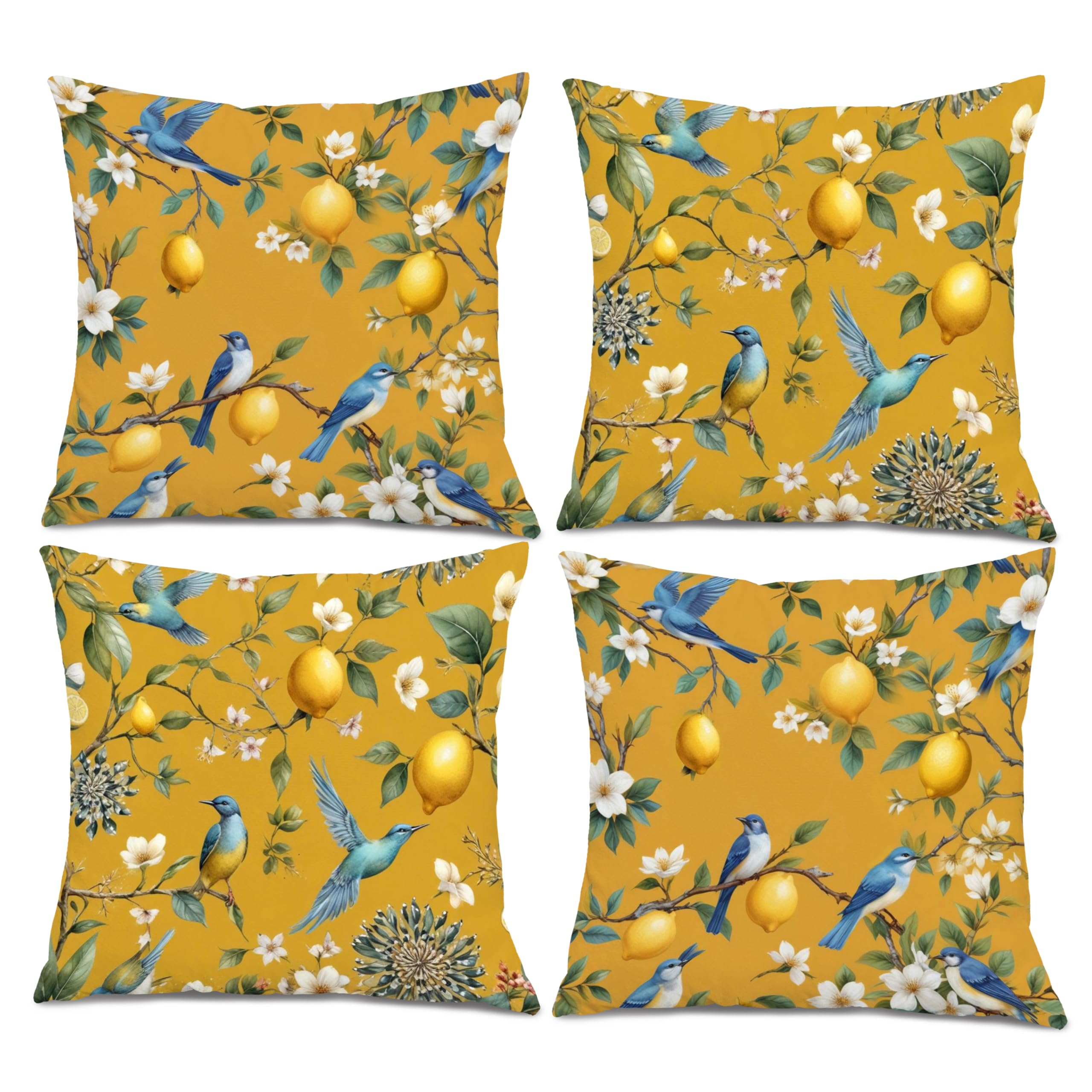 XUNLURY Rustic Yellow Lemon Bird Floral Pillow Covers 18x18 Inch Set of 4, Vintage Lemon Cottagecore Nature Bird Flower Botanical Decorative Throw