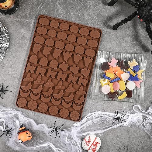 Miniatura 7 de Kamehame Molde de gomitas de caramelo de Halloween, 2 piezas de 60 cavidades mini calabaza, fantasma, vampiro, gato, sombrero, murciélago, luna,