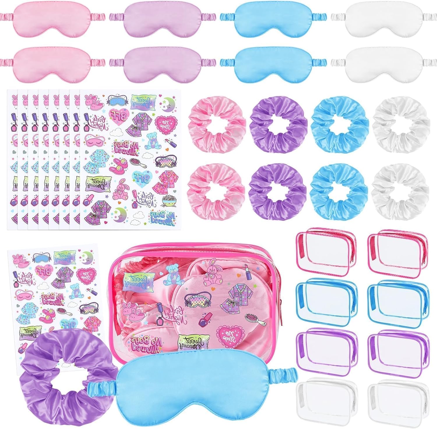 YLOLUL 32 Pcs Spa Sleepover Party Supplies for Girls Makeup Party Favor with Hair Scrunchies Clear Cosmetic Bags Eye Masks Sleepover Temporary Tattoos for Slumber Spa Essentials Favors Gift YLOLUL 32 Pcs Spa Sleepover Party Supplies for Girls Makeup Party Favor with Hair Scrunchies Clear Cosmetic Bags Eye Masks Sleepover Temporary Tattoos for Slumber Spa Essentials Favors Gift