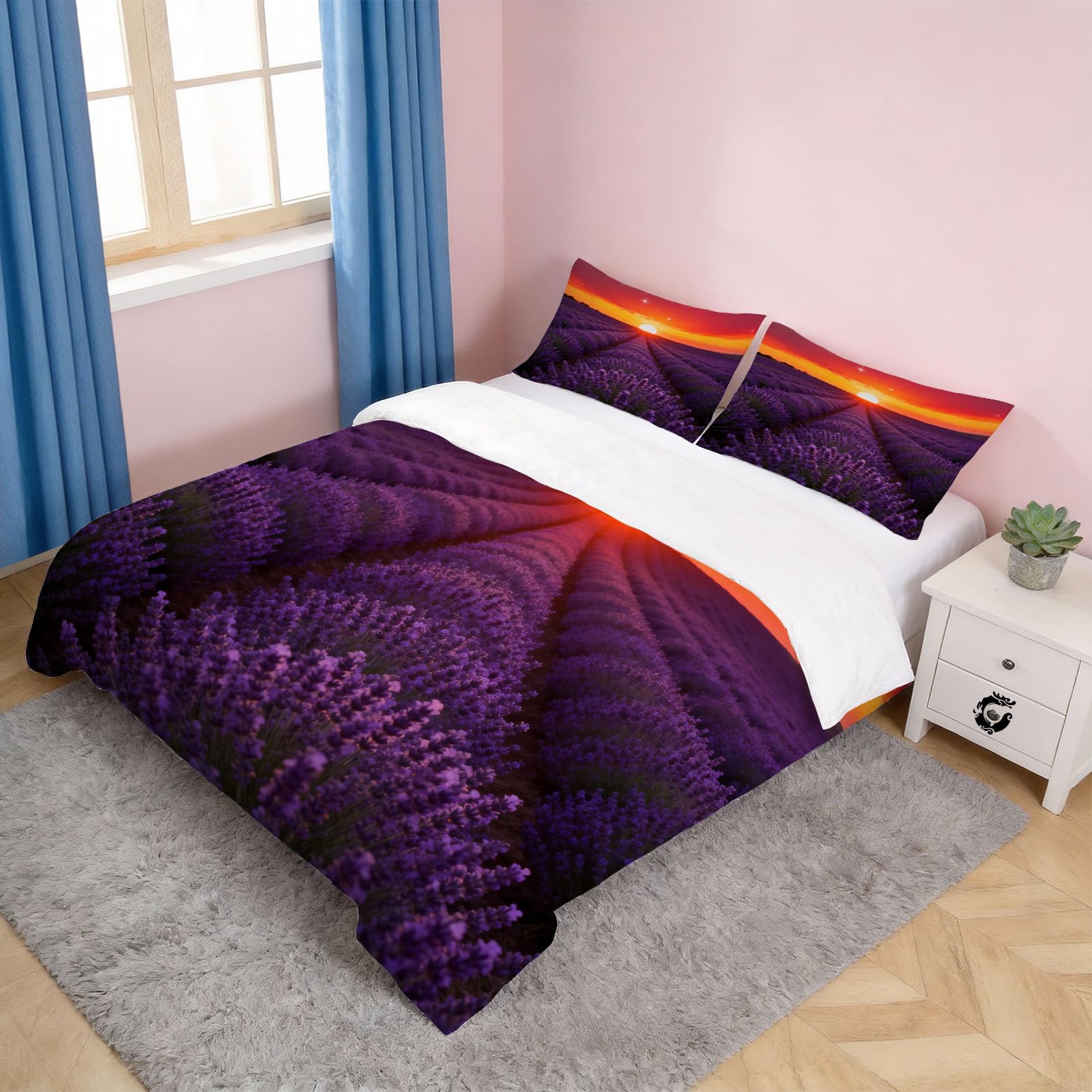 Generisch Lavendel Muster 3 Teilig Bettwäsche-Sets 155x220 Naturmuster Bettwäsche 3D Drucken Weiche Komfortabel Microfaser Bettbezug mit Reißverschluss mit 2 Kissenbezüge 80x80
