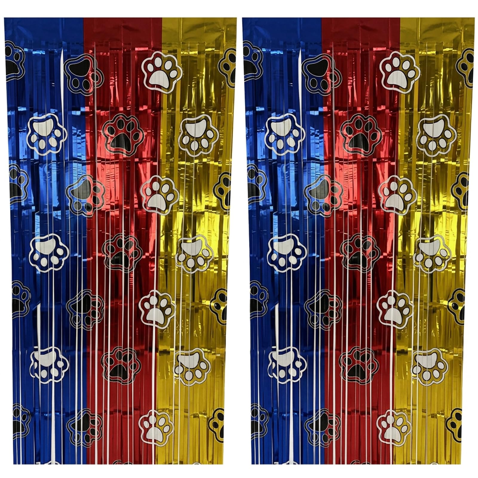 Dog Birthday Decorations, 3.3 Ft x 6.6 Ft Metallic Foil Fringe Curtain Party Photo Backdrop, Shimmering Gold Red and Blue Dog Paw Backdrop Curtains, Two-Piece Pet Themed Door Decor Set