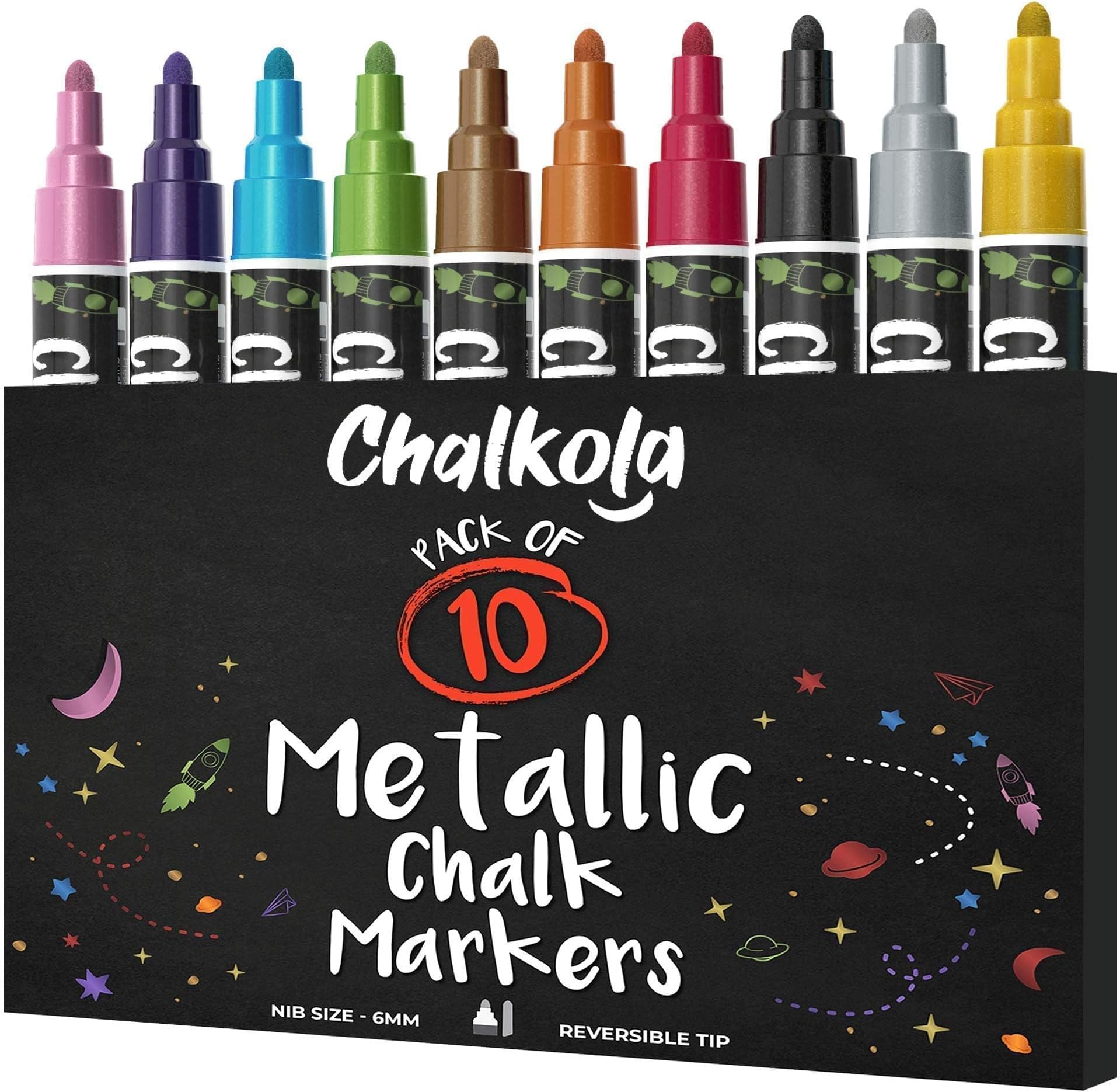 Metallic Liquid Chalk Pens for Blackboard, Chalkboard, Whiteboard, Window, Labels, Bistro, Glass, Board - Pack of 10 Wipeable Paint Chalk Markers - Washable 6mm Reversible Bullet & Chisel Tip