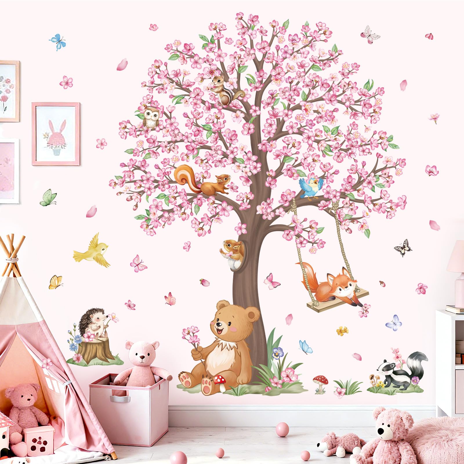 wondever Adesivi Murali Bambina Animali Albero Grande Sticker da Muro Fiore di Ciliegio Rosa Orso Volpe Adesivi da Parete per Camerette Bambini Asilo Nido