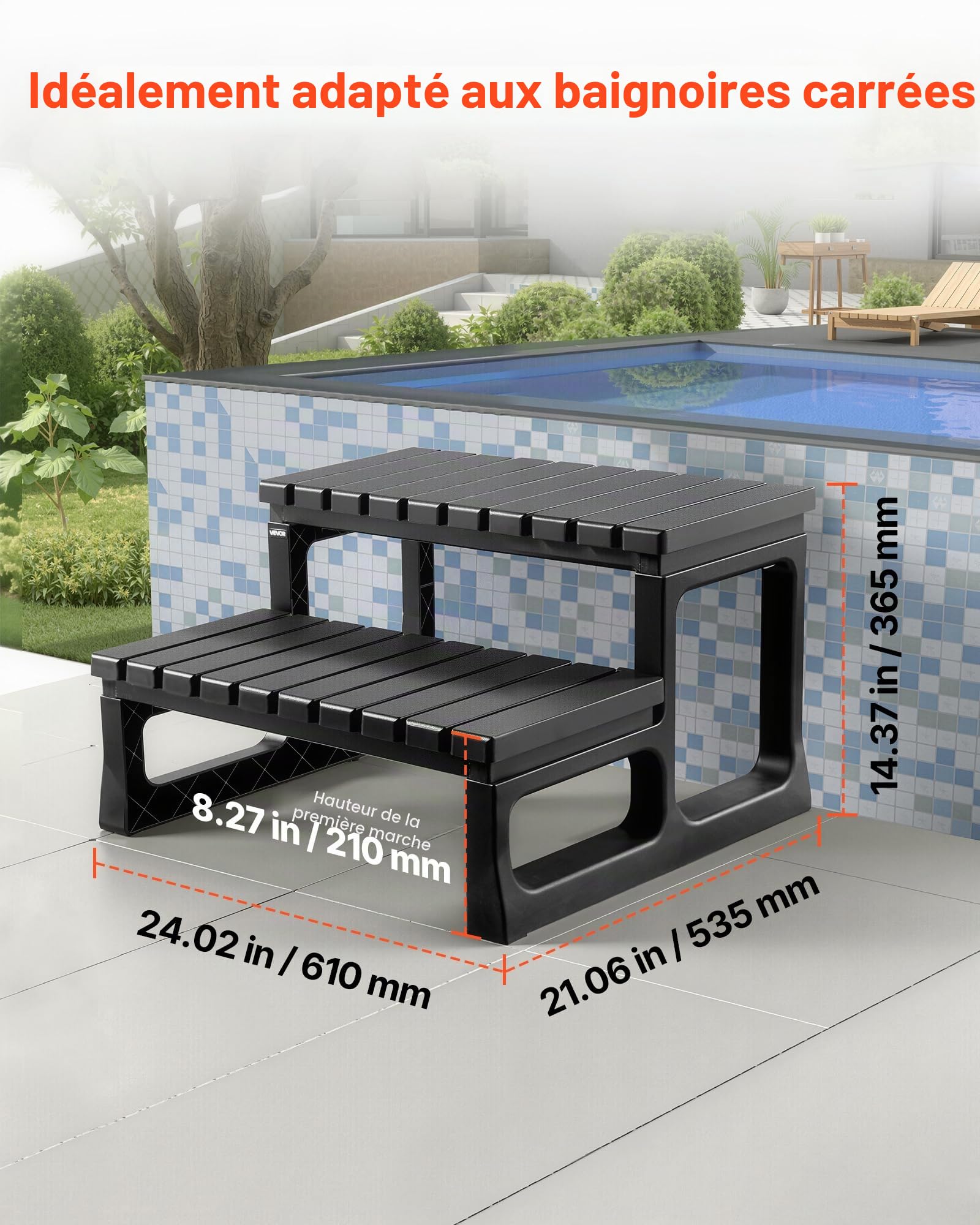 VEVOR Escalier de spa à 2 marches, marchepied de piscine gonflable robuste en PP 610 mm, capacité 145,15 kg, noir