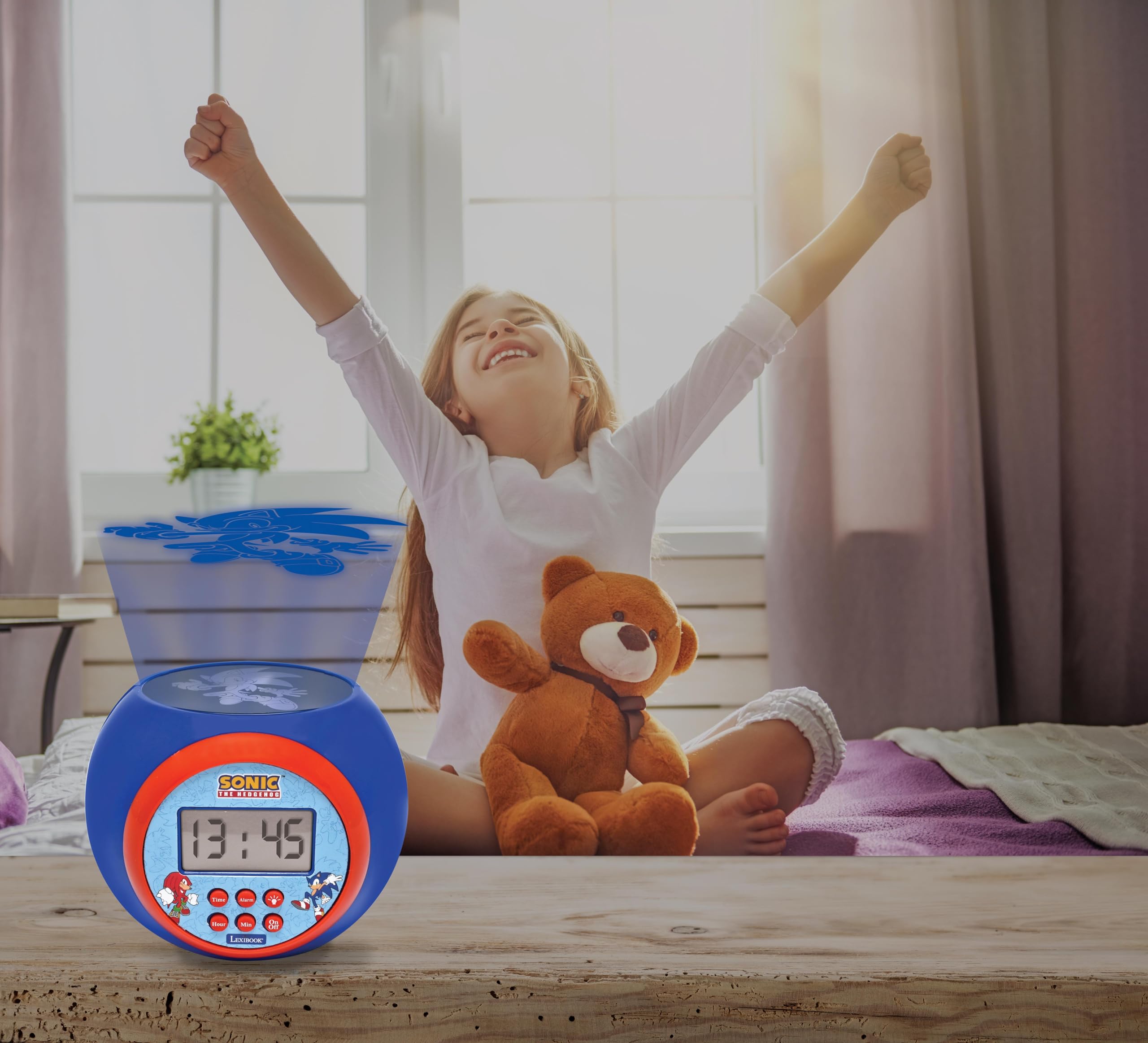 Lexibook, Sonic The Hedgehog, Projektionswecker mit Schlummerfunktion, Nachtlicht mit Timer, LCD-Bildschirm, batteriebetrieben, Blau, RL977SNLXB