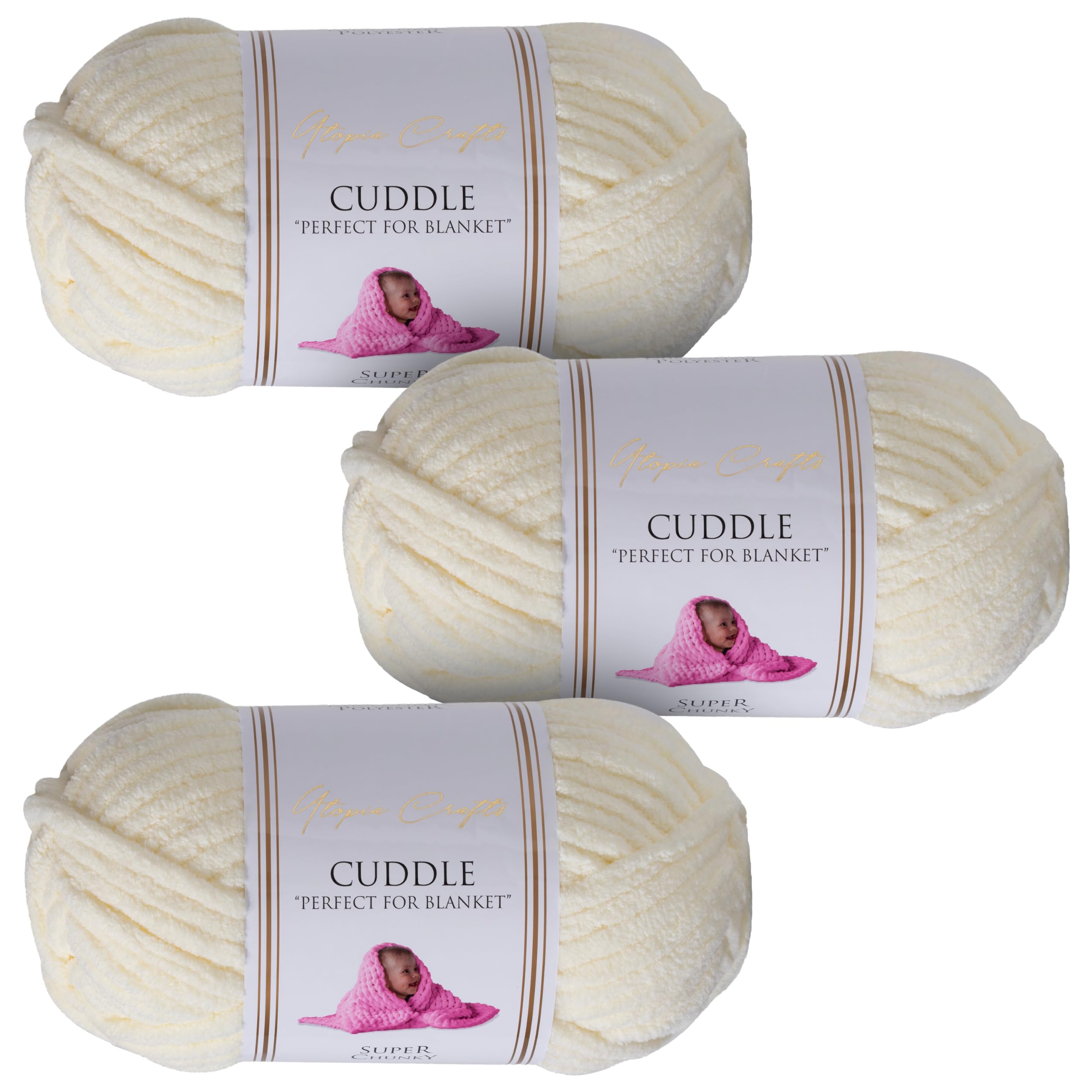 Utopia Crafts Cuddle Super Chunky Chenille Yarn Cream, 100g 60m Ball, Fluffy, Soft & Easy to Use