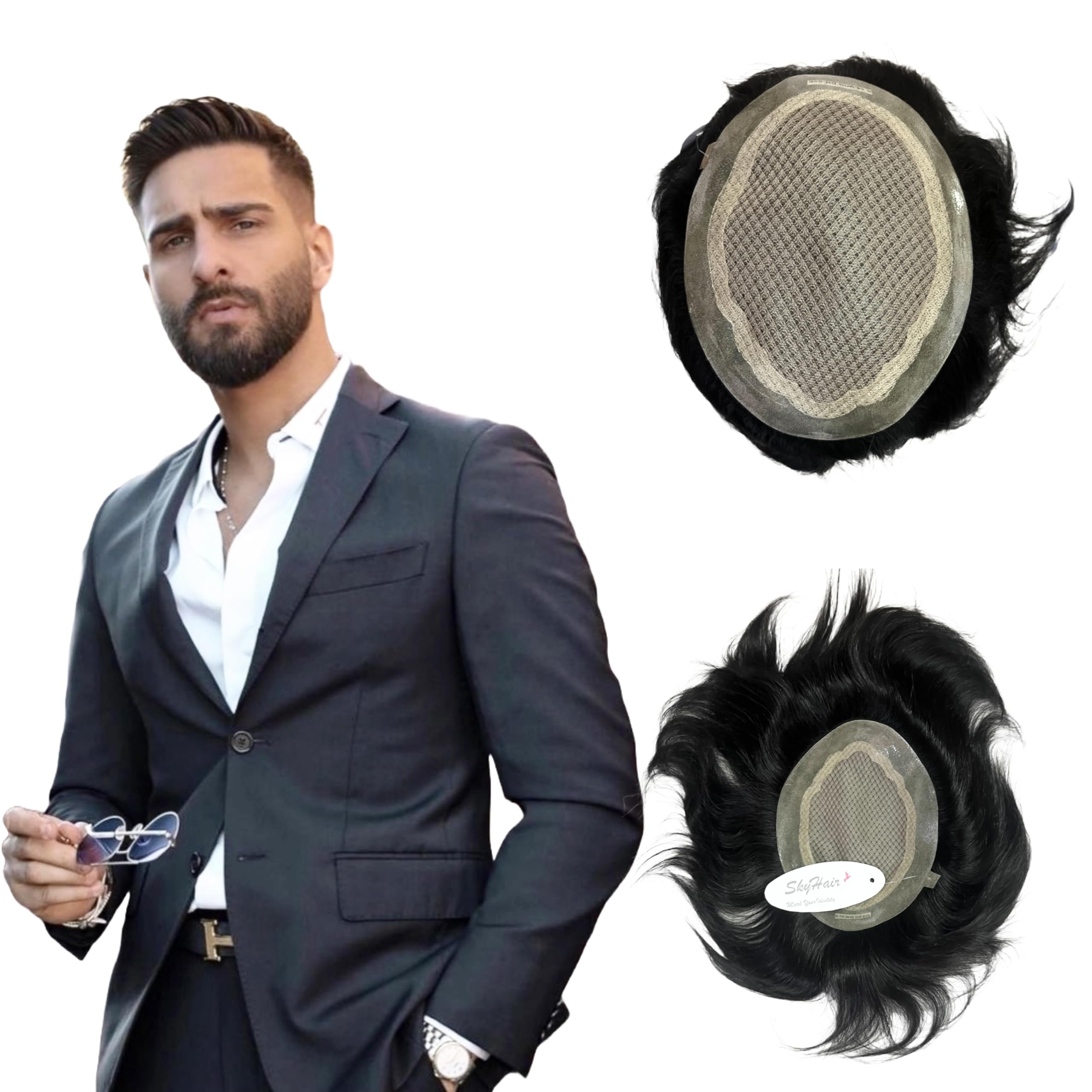SkyHair B.M.W PREMIUM Men's Hair Patch| 100% Natural Remy Human Hair Wig| Lightweight| Extremely Natural Looking System| Install with Hair Patch Glue, Clips or Tape| (2 Layer Natural Black, 8x6)-image-17