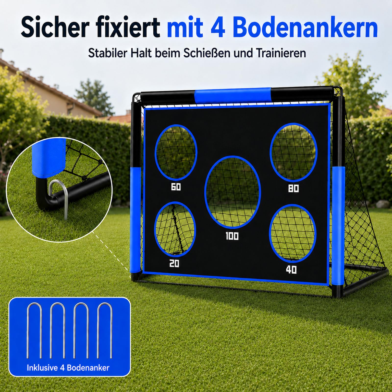 2-in-1 Fußballtor für Kinder, 150 * 120cm, Tragbares & Stabiles Fussballtore mit 5 Zielbereichen, 4 Erdanker und 1 Tragetasche, Stabil für Garten, Park, Strand