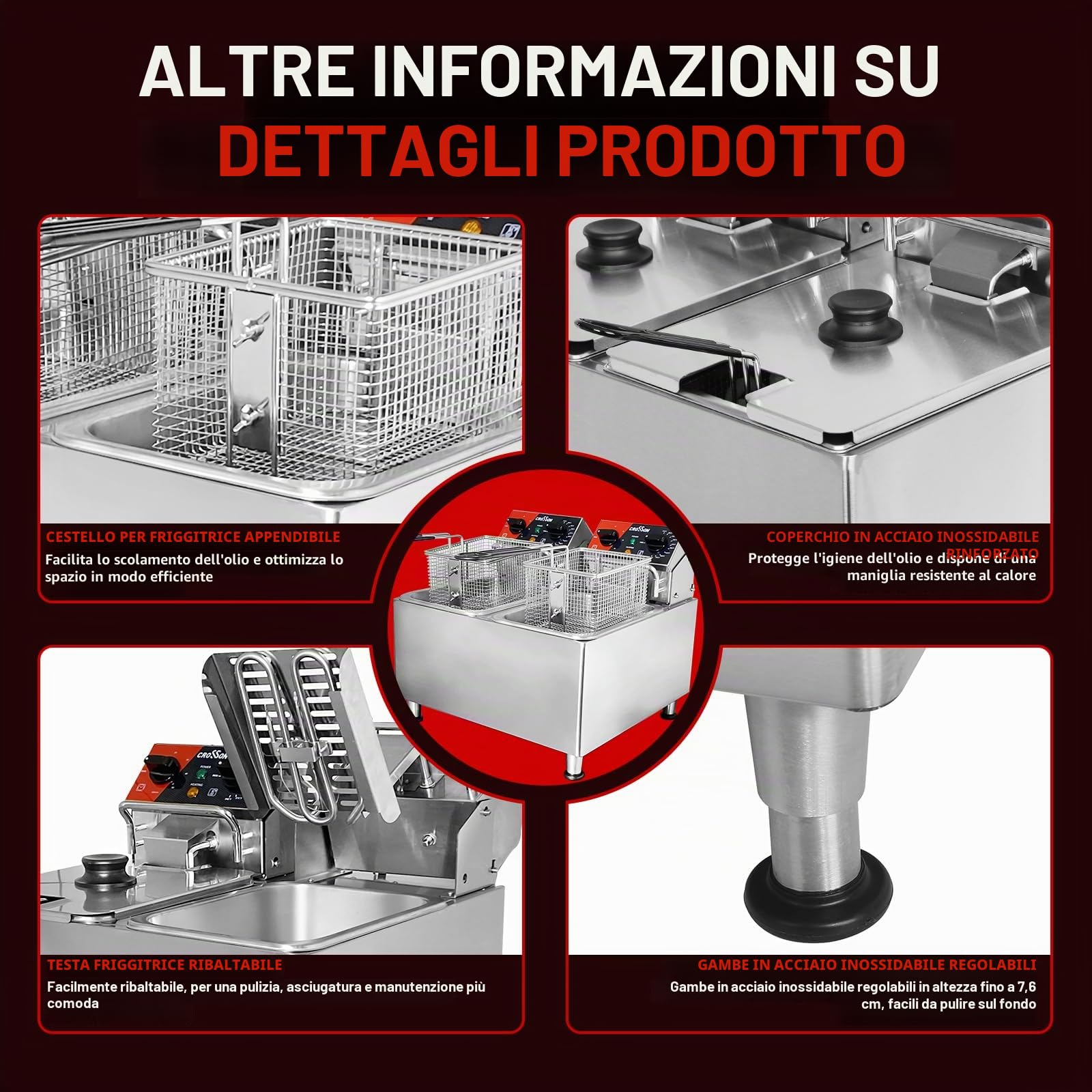 Friggitrice commerciale elettrica a doppio serbatoio CROSSON 8L con testa della friggitrice rotante, timer da 30 minitu, serbatoio dell'olio rimovibile