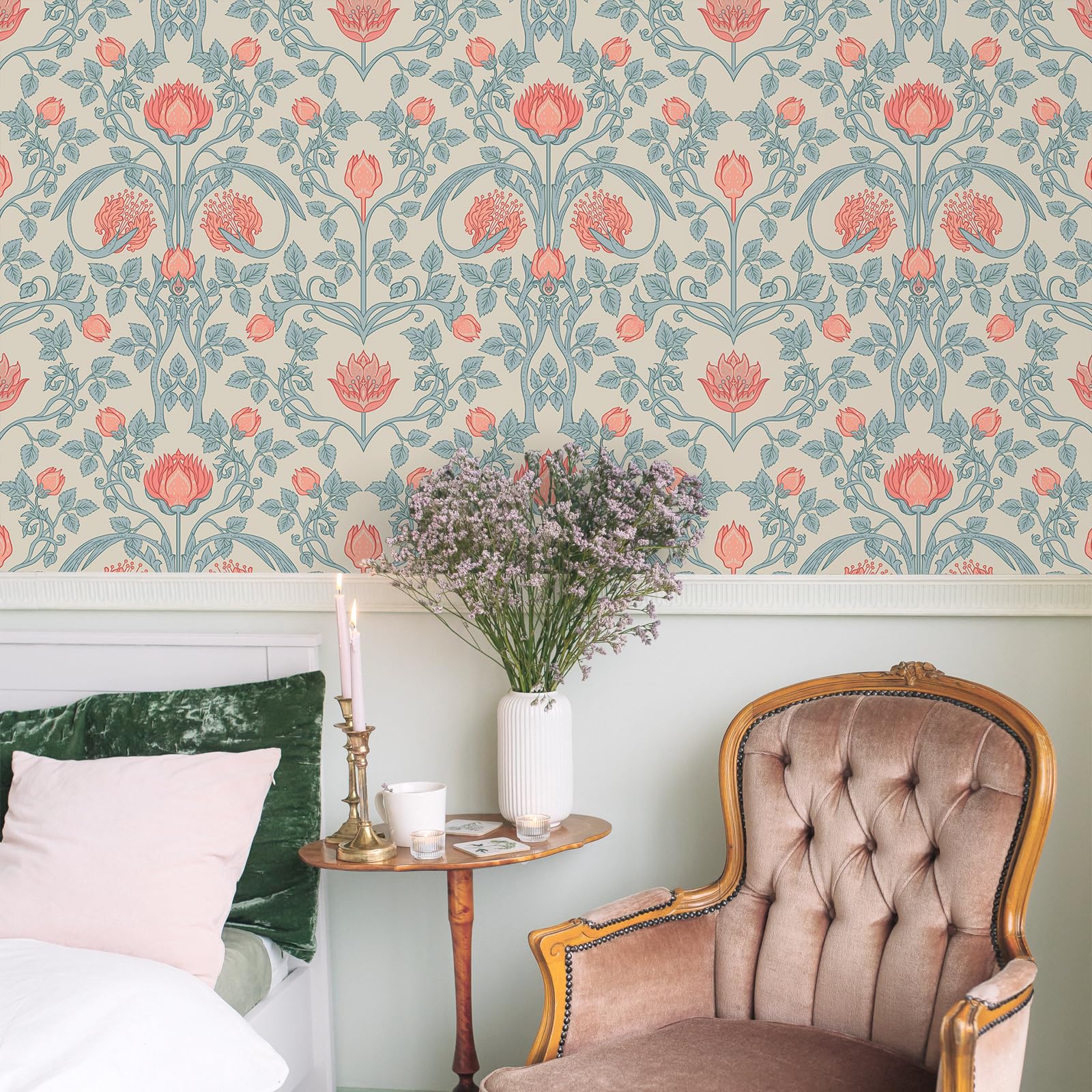 VEELIKE Papel pintado fotográfico de flores beige y azul, 44,5 cm x 900 cm, autoadhesivo, diseño vintage de William Morris