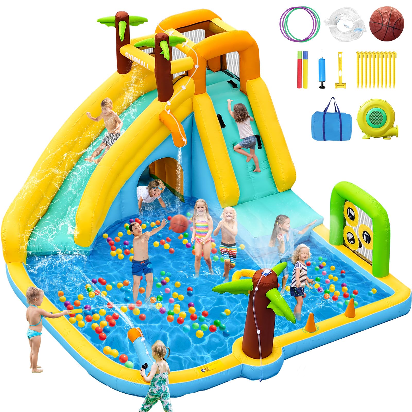 Tobogán Inflable de Agua con Ventilador 450W - Castillo Hinchable 10-en-1 para Niños en Interior y Exterior con Piscina, Aspersores y Tobogán Largo