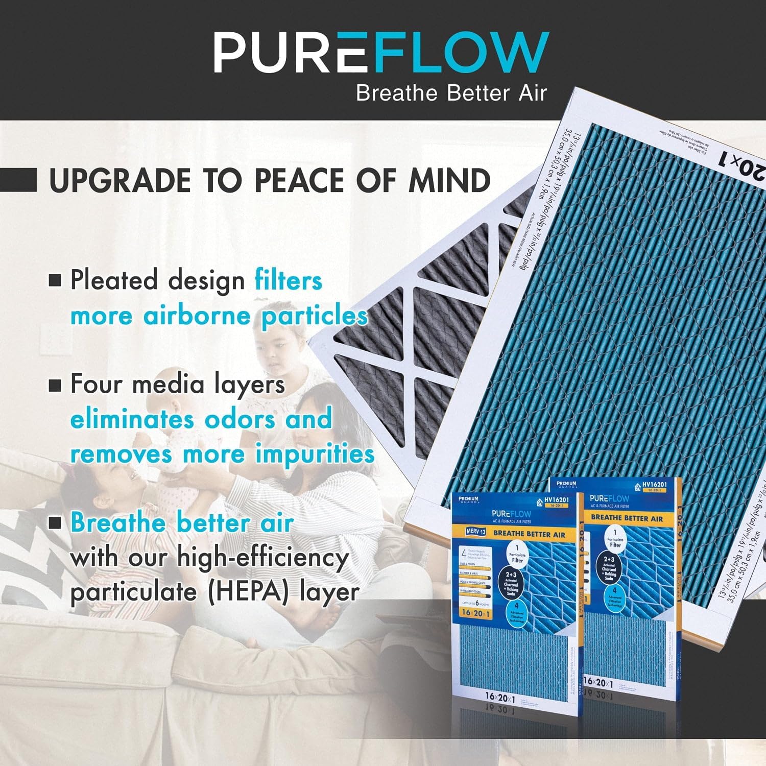 PUREFLOW Odor Control Home Air Filter MERV 13, 14x30x1 Furnace Filter, 4 Layer High Efficiency Filtration for Dust, Smoke, Fumes, Pollutants (Pack-of-2)
