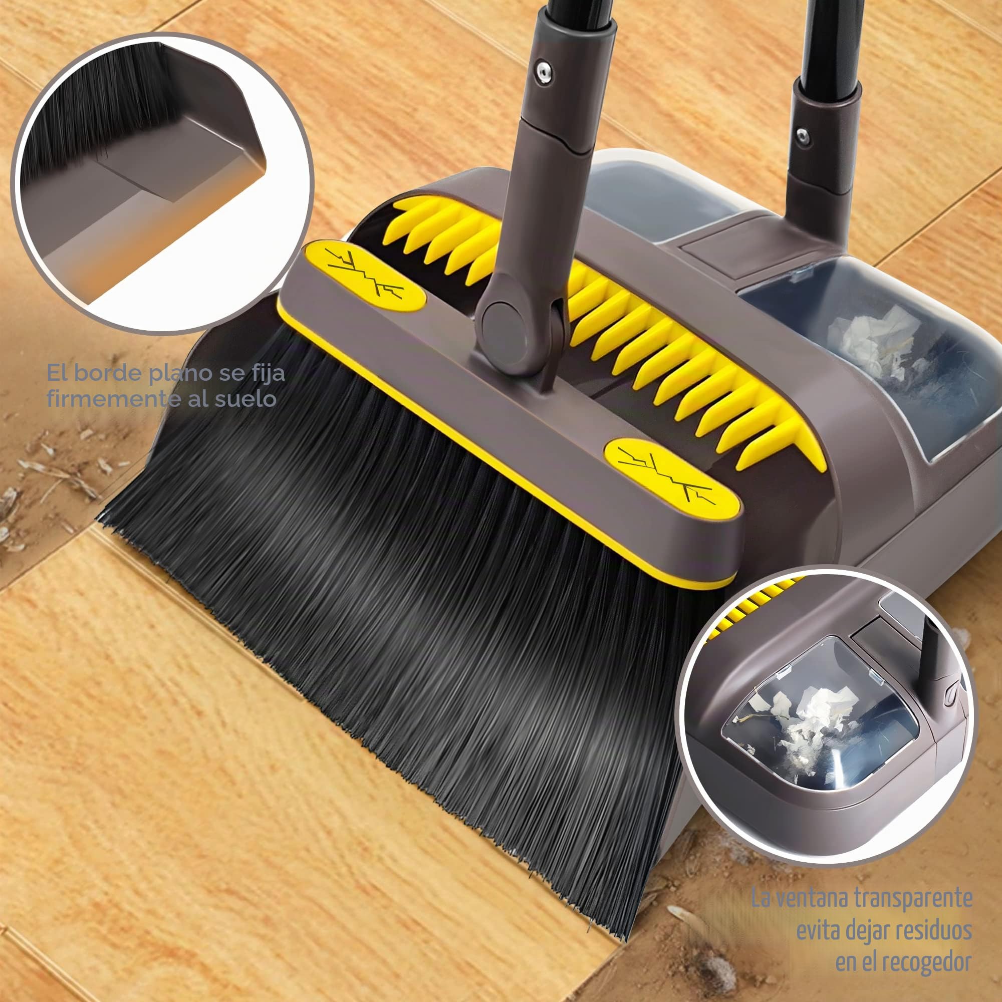 JEHONN Escoba Alta y Recogedor Plegable, Cepillo Barrer Mango Largo, Juego de Sartenes para Interior, Cabeza Giratoria 180° (Marrón Amarillo)
