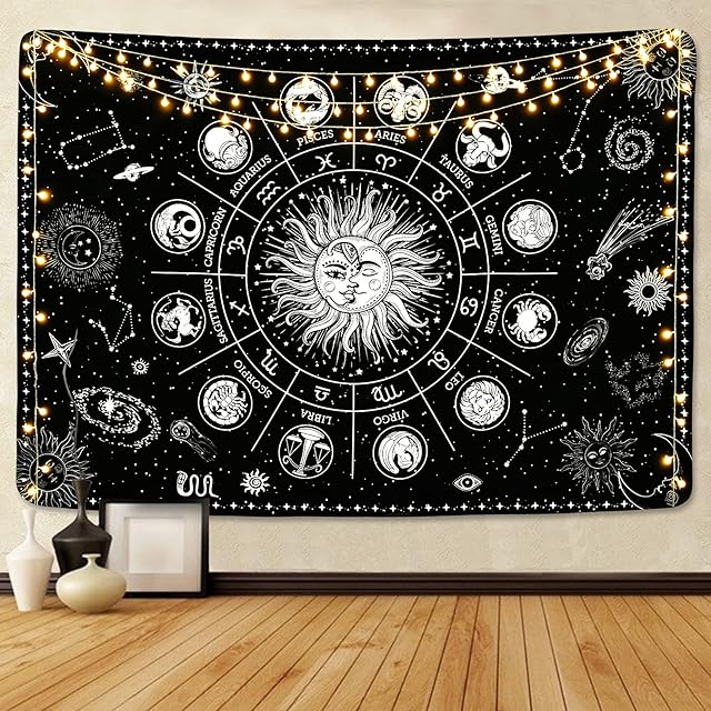 Yugarlibi Astrology Tapestry Wall Hanging, Black Tarot Card Constellation Tapestry, Sun and Moon Wall Art for Bedroom Living Room, 150x130 cm