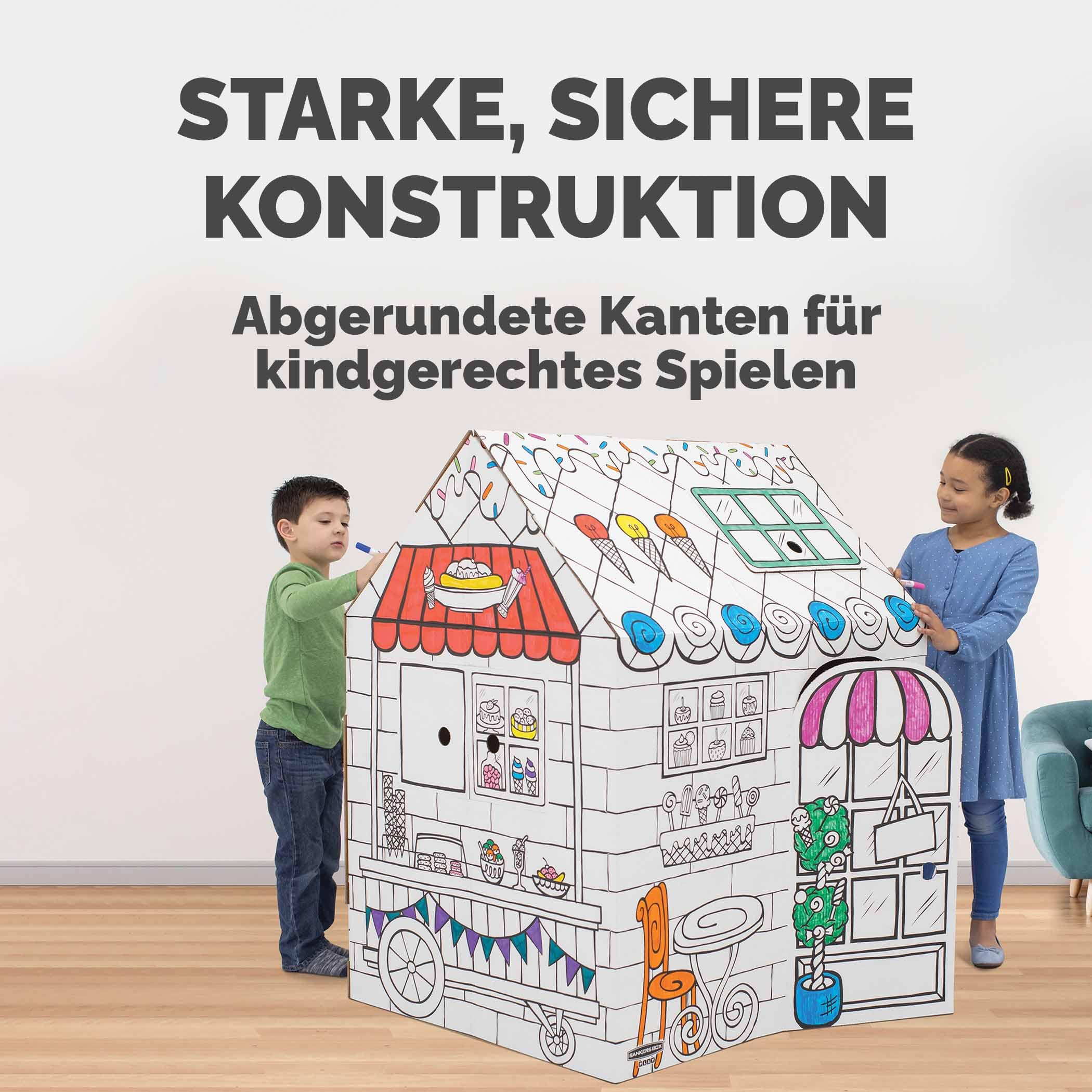 BANKERS BOX AtPlay -Treats & Eats Pappspielhaus für Kinder - Colour-In Craft Cafe Design - FSC-Zertifiziert & 100% recycelbar - Kreative Indoor-Spielhaus Spielzeug XXL (81.3x96.5x121.3cm) - Alter 3+