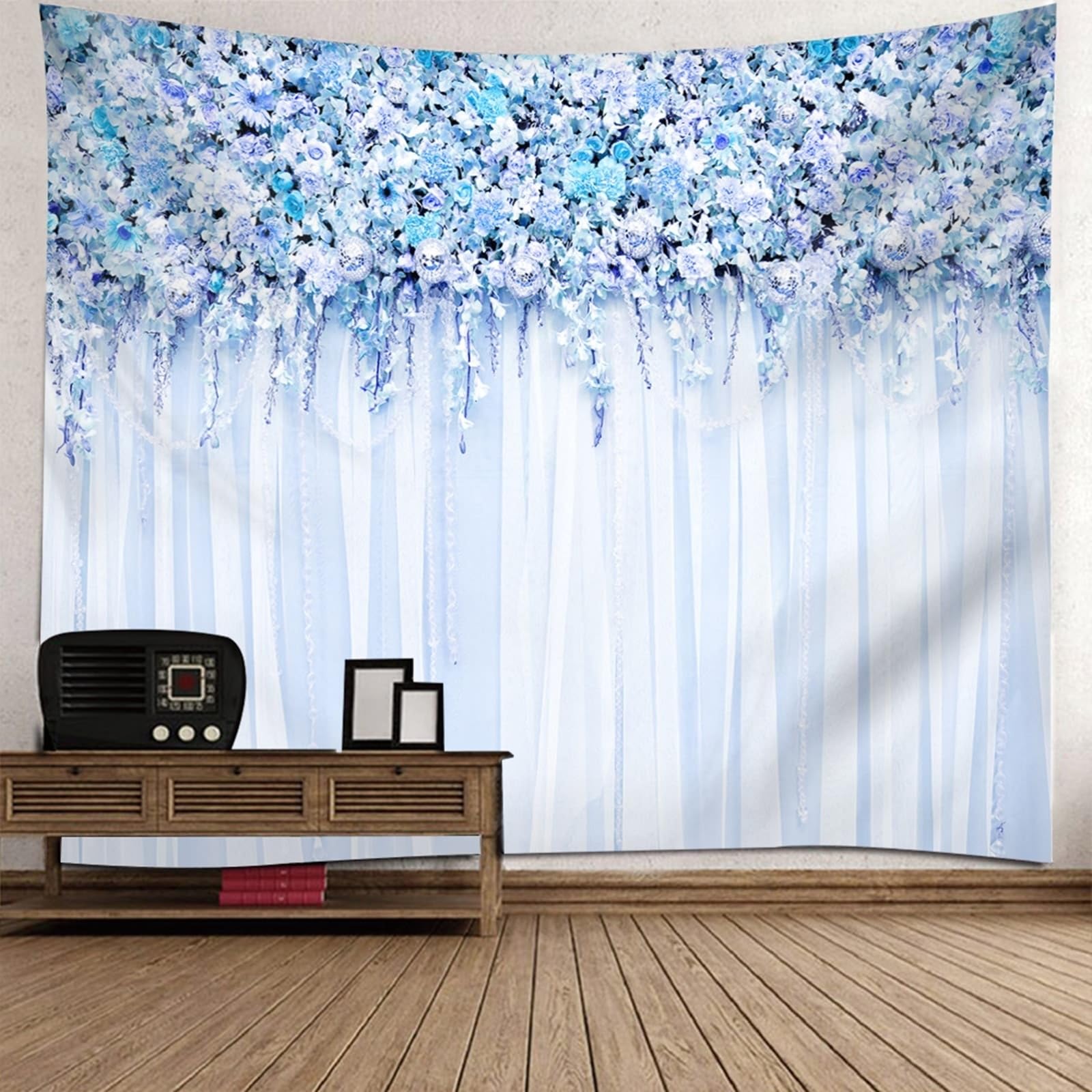 Skcess Gobelin ścienny na zewnątrz, poliester, niebieski fioletowy biały 3D kwiat winorośli gobelin ścienny dla mężczyzn 260 x 240 cm
