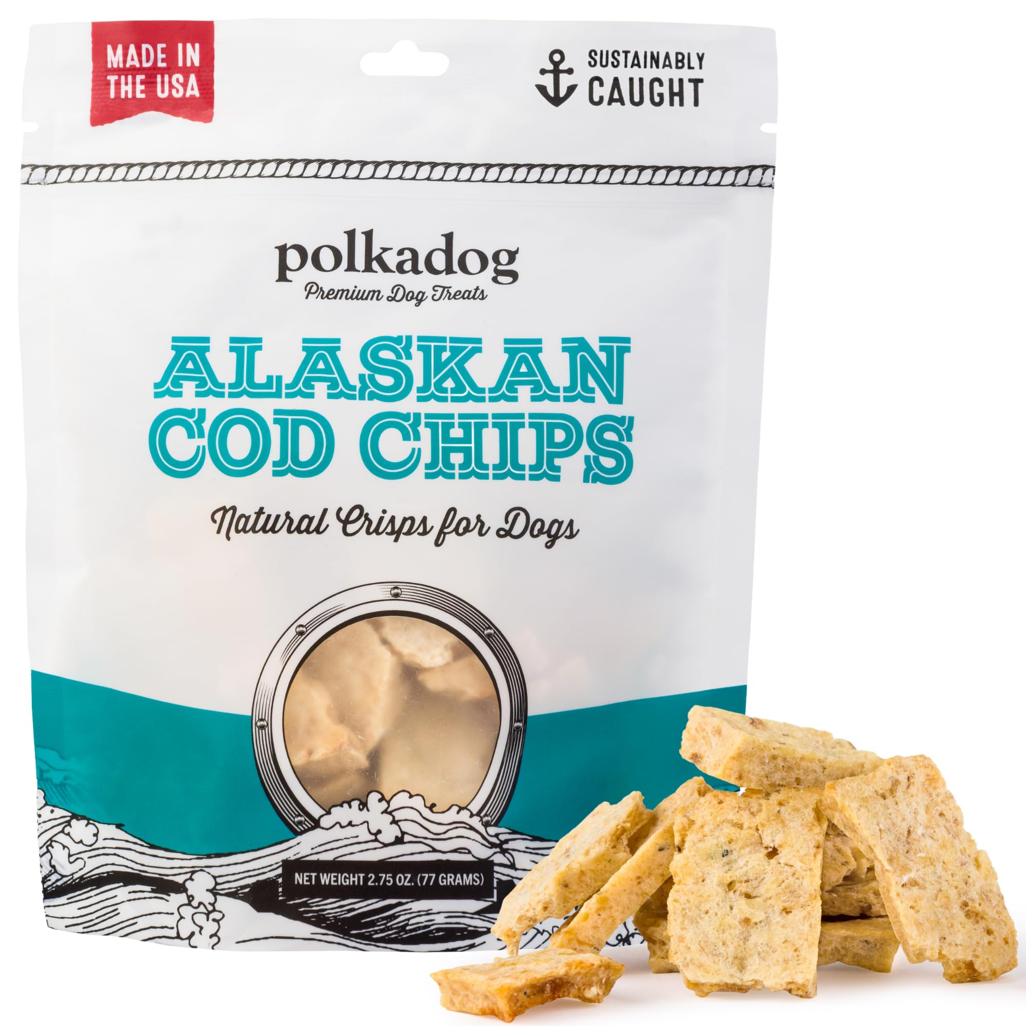 Polkadog Crunchy Alaskan Cod Chips – Single Ingredient Dog Treats, 100% Wild-Caught Cod from Alaska – High-Protein, Omega-3 Rich, Grain-Free, All Natural Snacks – Handcrafted in USA - 2.75 oz
