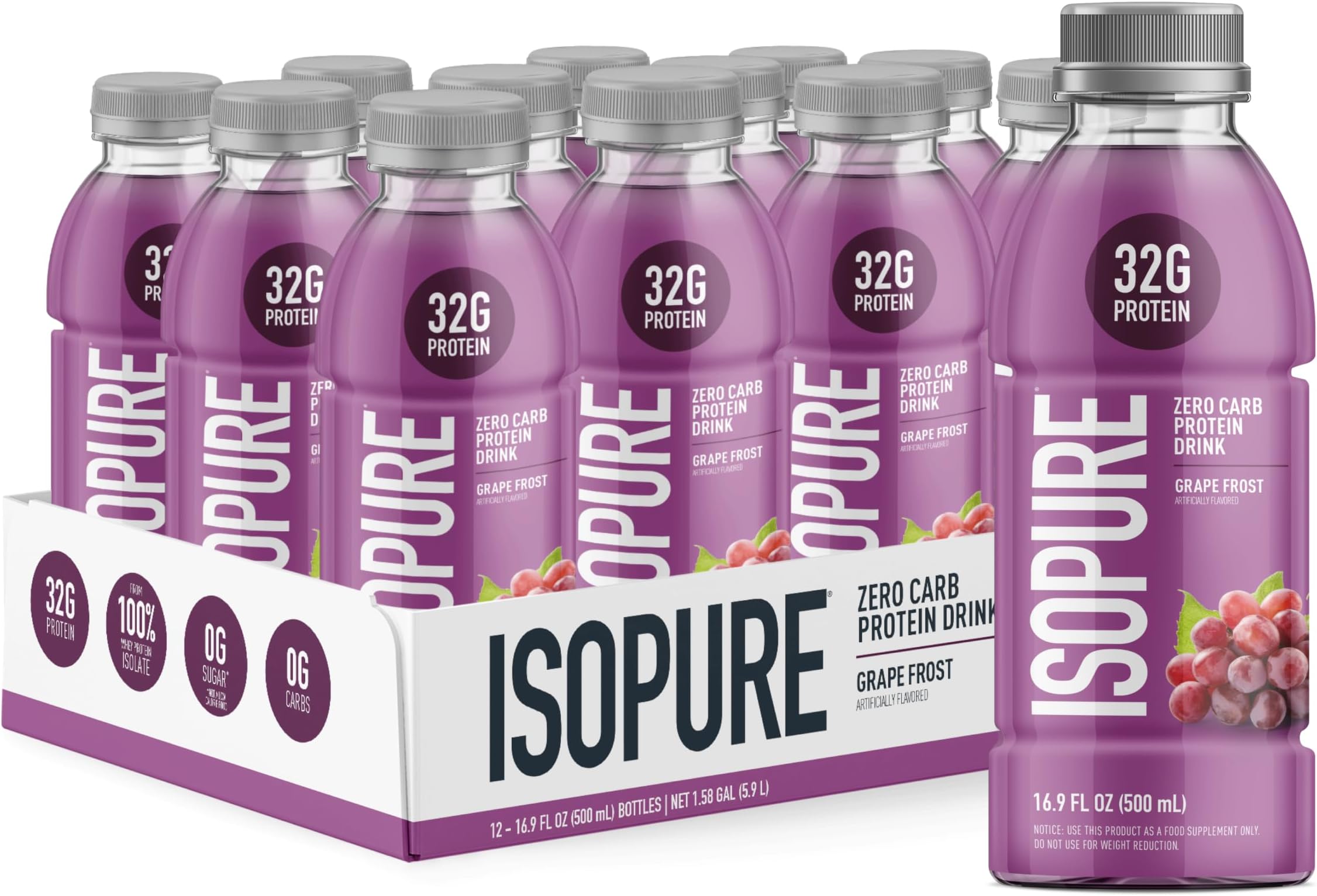 Zero Carb 32g Protein Ready-to-Drink, Whey Protein Isolate, Grape Frost, 16 Fl Oz (12 Bottles)