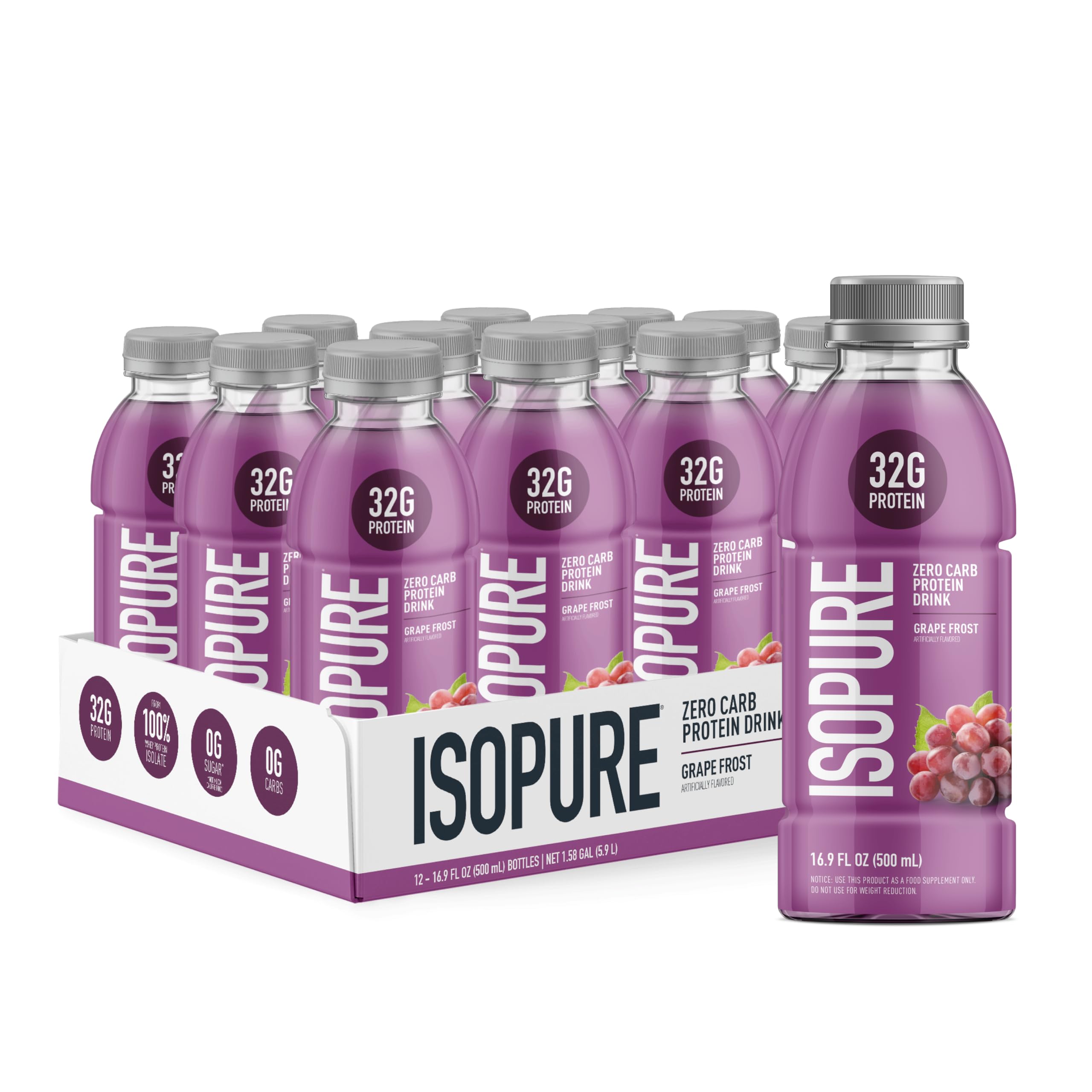 Isopure Zero Carb Clear Protein Drink, Grape Frost 12 Count Grape Frost 16.9 Fl Oz (Pack of 12)