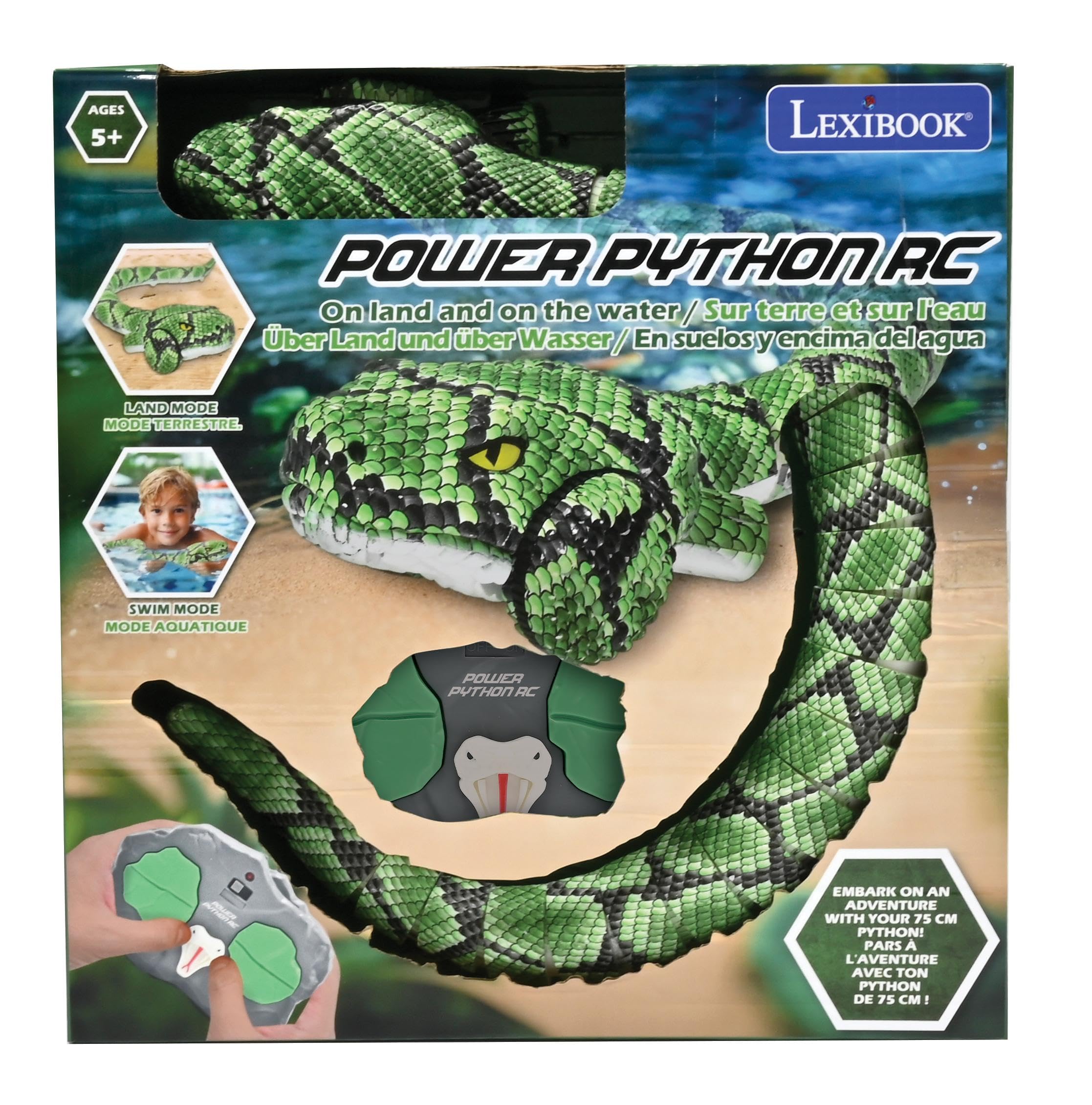 Lexibook, Power Python RC, Funkgesteuerte Pythonschlange, Fortbewegung an Land und im Wasser mit 5 km/h, Land- und Wassermodus, wasserdicht, ausziehbar auf 75 cm, grün, SNAKE01LXB