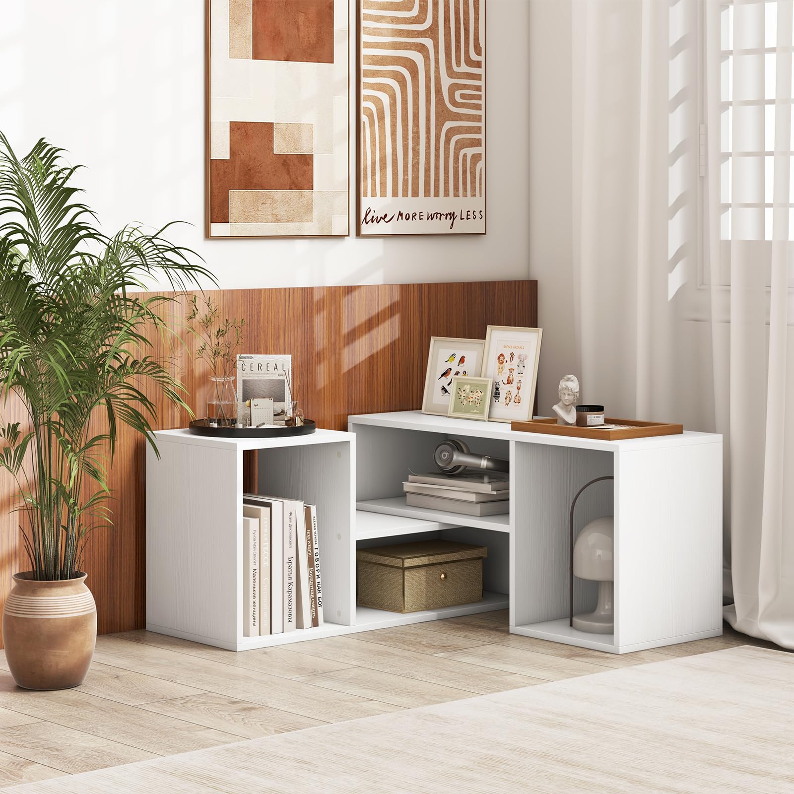 COSTWAY Mobile Porta TV Combinabile a 2 Pezzi, per TV Fino a 60'', Mobile TV a Angolo Soggiorno in Legno, con 4 Vani Aperti, Tavolo Media TV Multifunzionale, per Soggiorno, Camera da Letto (Bianco)
