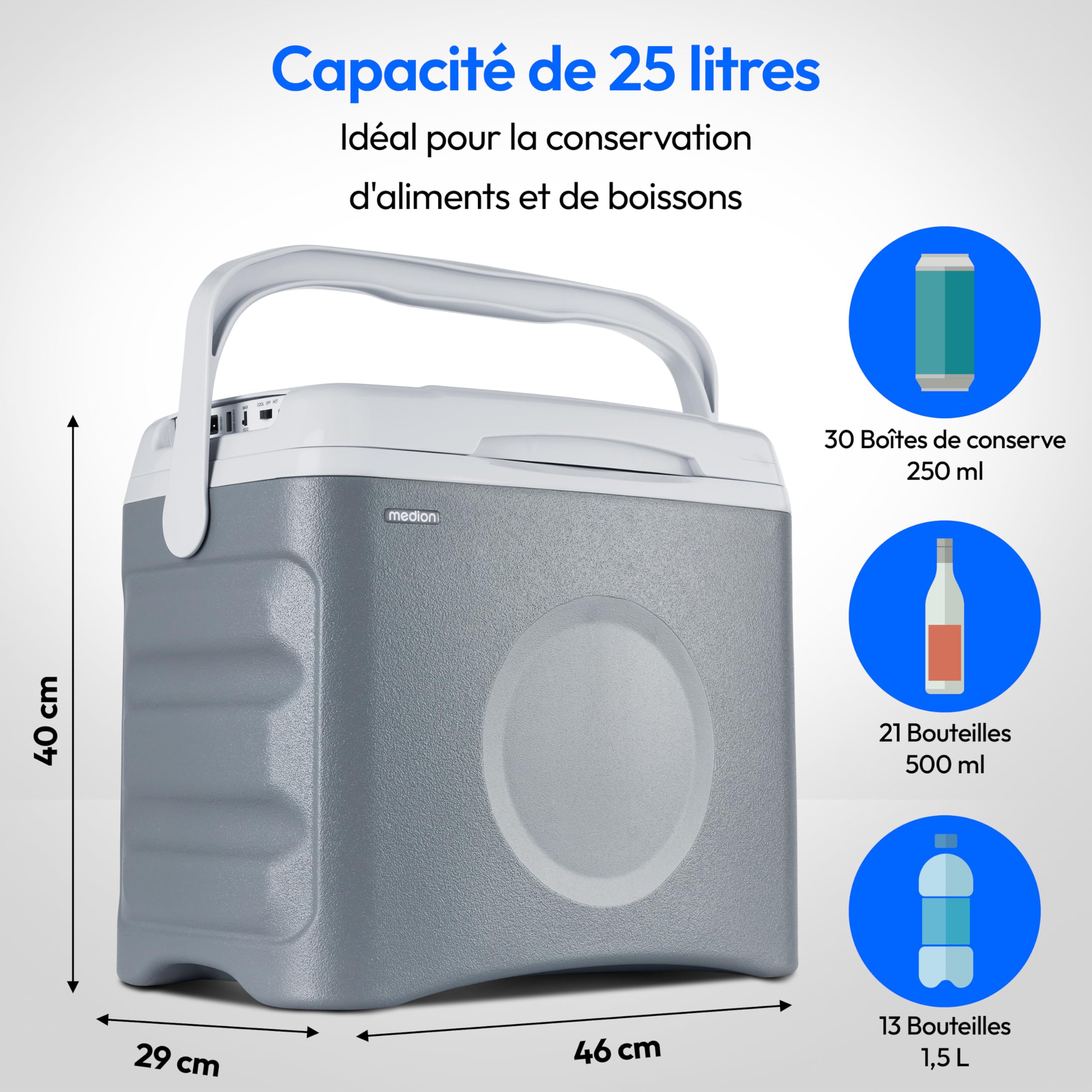 MEDION Glaciere Electrique Portable (25 L, Fonction Refroidissement et Maintien au Chaud, Alimentation 12 V Allume-Cigare, 230 V Secteur, USB, pour Voiture, Bateau et Camping, MD10735) Gris