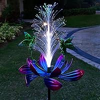 Qobumy Solar Hummingbird Wind Spinner - 49" Metal Lotus Flower with 7-Color Changing Optical Fiber Lights, Waterproof Garden Stake for Yard Patio Lawn