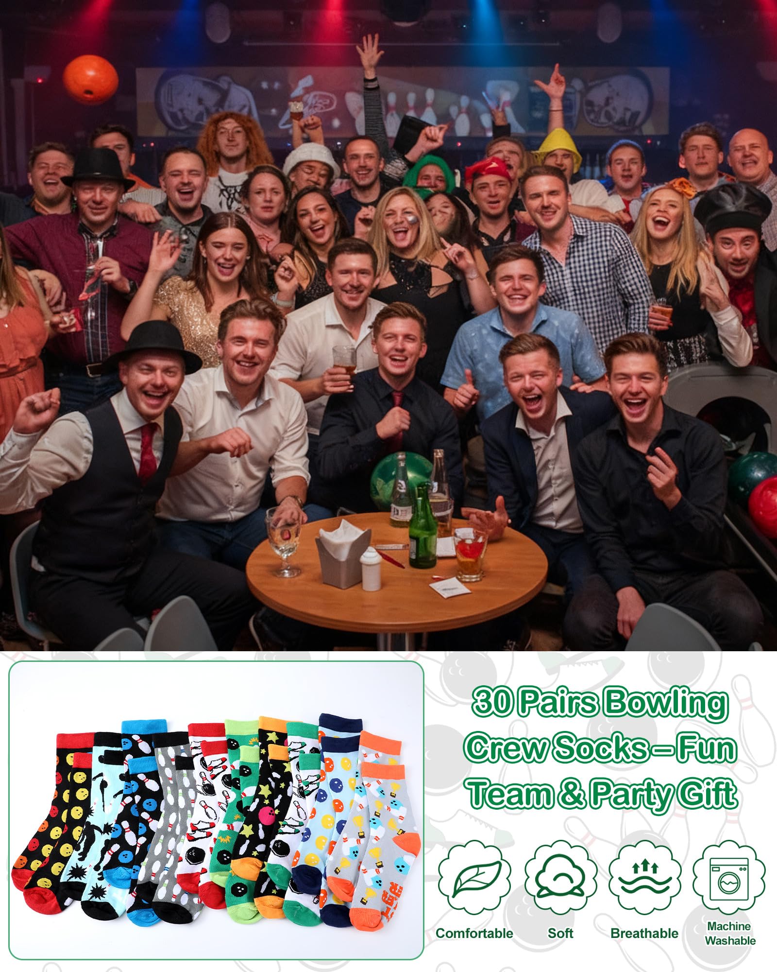 Berlune 30 Pairs Novelty Bowling Socks for Men Funny Bowling Fathers Day Crew Socks Gifts Bulk Sport Gift for Bowlers Lovers