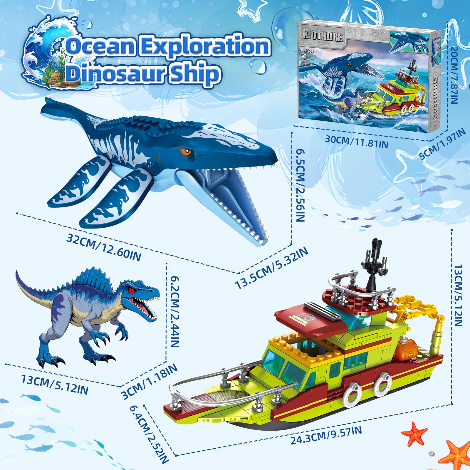 Zabawka budowlana 3 w 1, ocean, dinozaury, kompatybilna z dinozaurami, parkiem światem, łodzią i Mosasaurusem, spinozaurem, dinozaurem, zabawka dla dzieci w wieku 6-12 lat, prezent urodzinowy dla