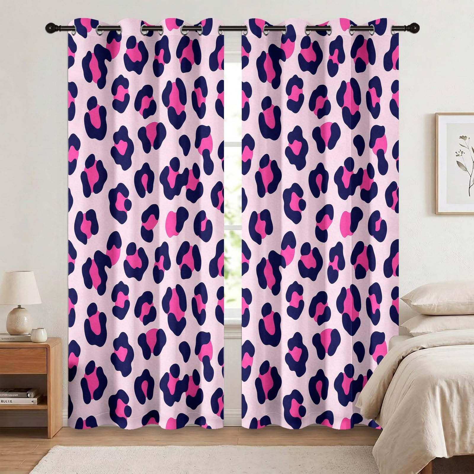 Animal Rideaux Occultants Thermique Isolant 140L X 260H cm (2 Panneaux), Enfant Rideau Occultant Opaque à Oeillets Imprimé Animal À Pois Esthétique Motif pour Chambre d'enfant et Salon, Rose