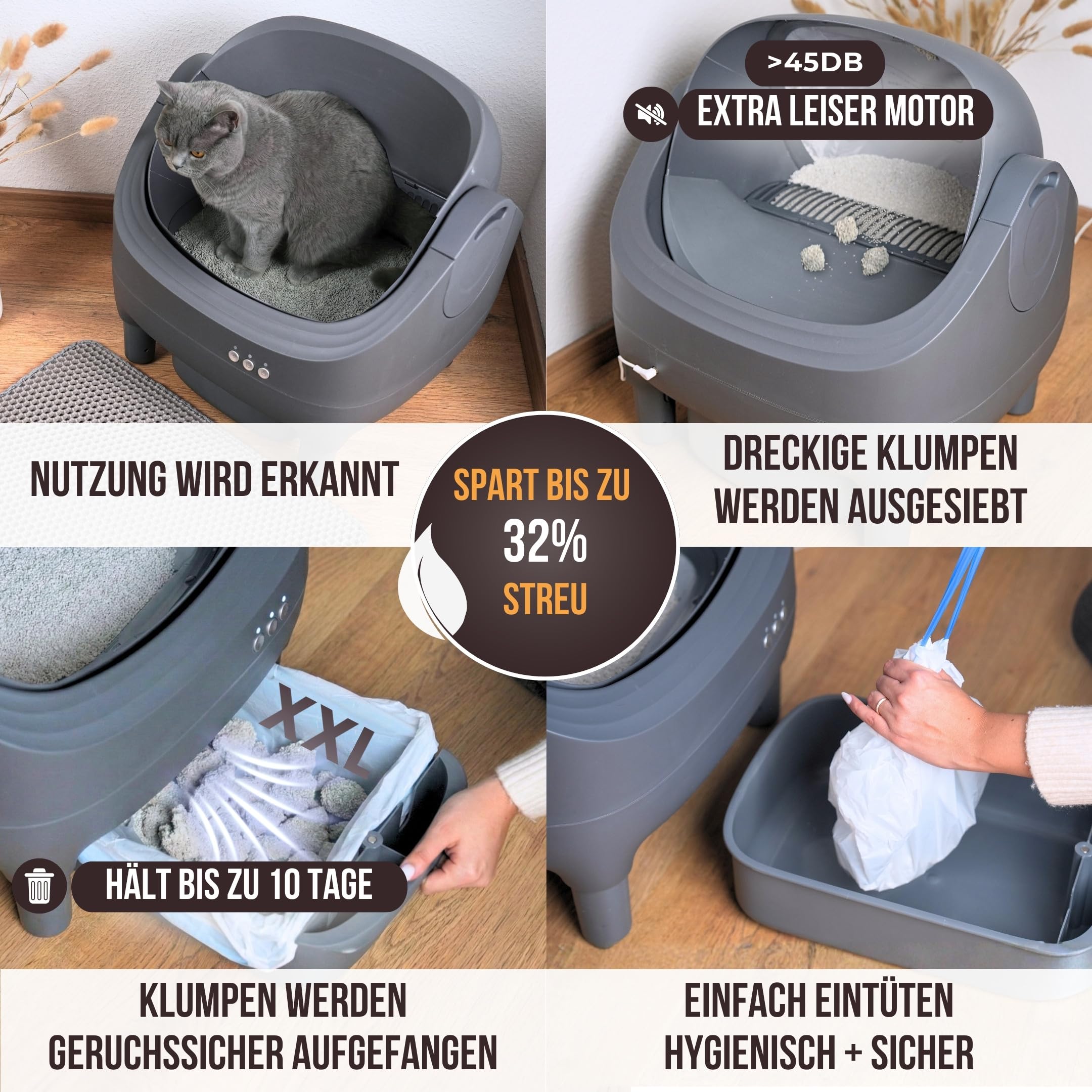 Katzenklo Selbstreinigend,15L XXL Behälter, Selbstreinigende Katzentoilette | SAMTI Klobot, für Mehrkatzen-Haushalte, Elektrisches Katzenklo groß & offen, automatisches Katzenklo XXL mit App Steuerung