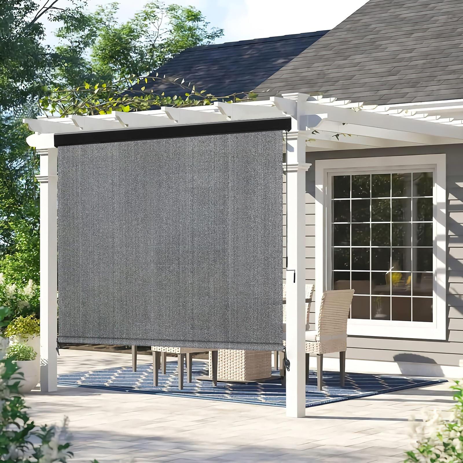 Amagenix Premium Outdoor Roller Shades 4'(W) x 8'(H), Exterior Cordless Patio Shades Roll up Outdoor Blinds for Porch Gazebo, Crank Operated with Aluminum Protective Valance, Gray