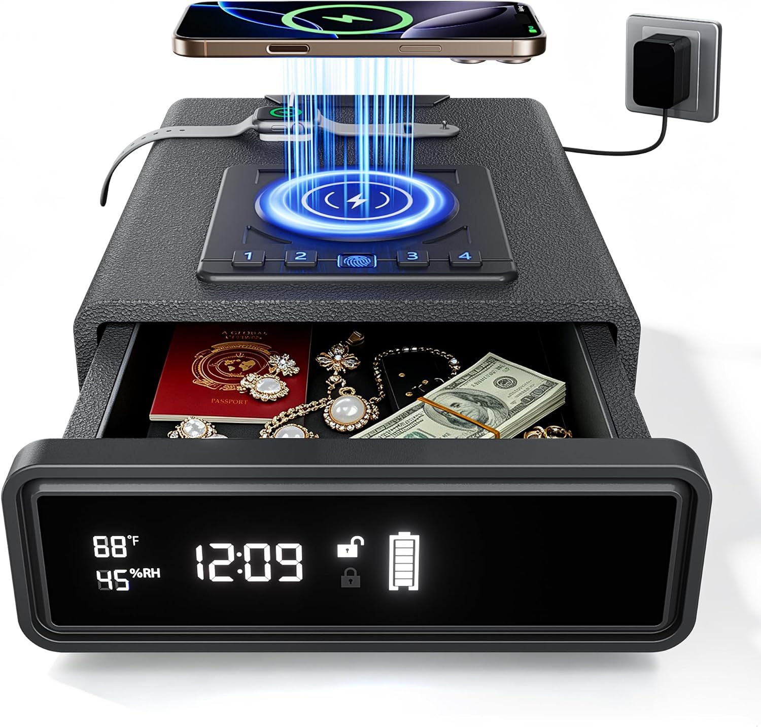  Biometric Gun Safe, 3 Unlock Access Methods, Adjustable LED Display with Humidity & Temperature, Backup Battery & Backup Key, Secure Storage for Cash Jewelry Valuables, Gift for Men thumbnail