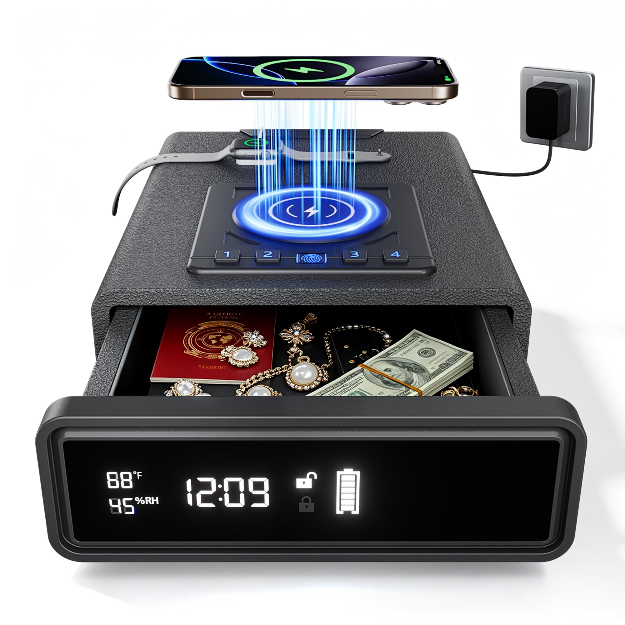 ORARAER Biometric Gun Safe with Wireless Charging, 12-Hour Clock Display & Adjustable Brightness