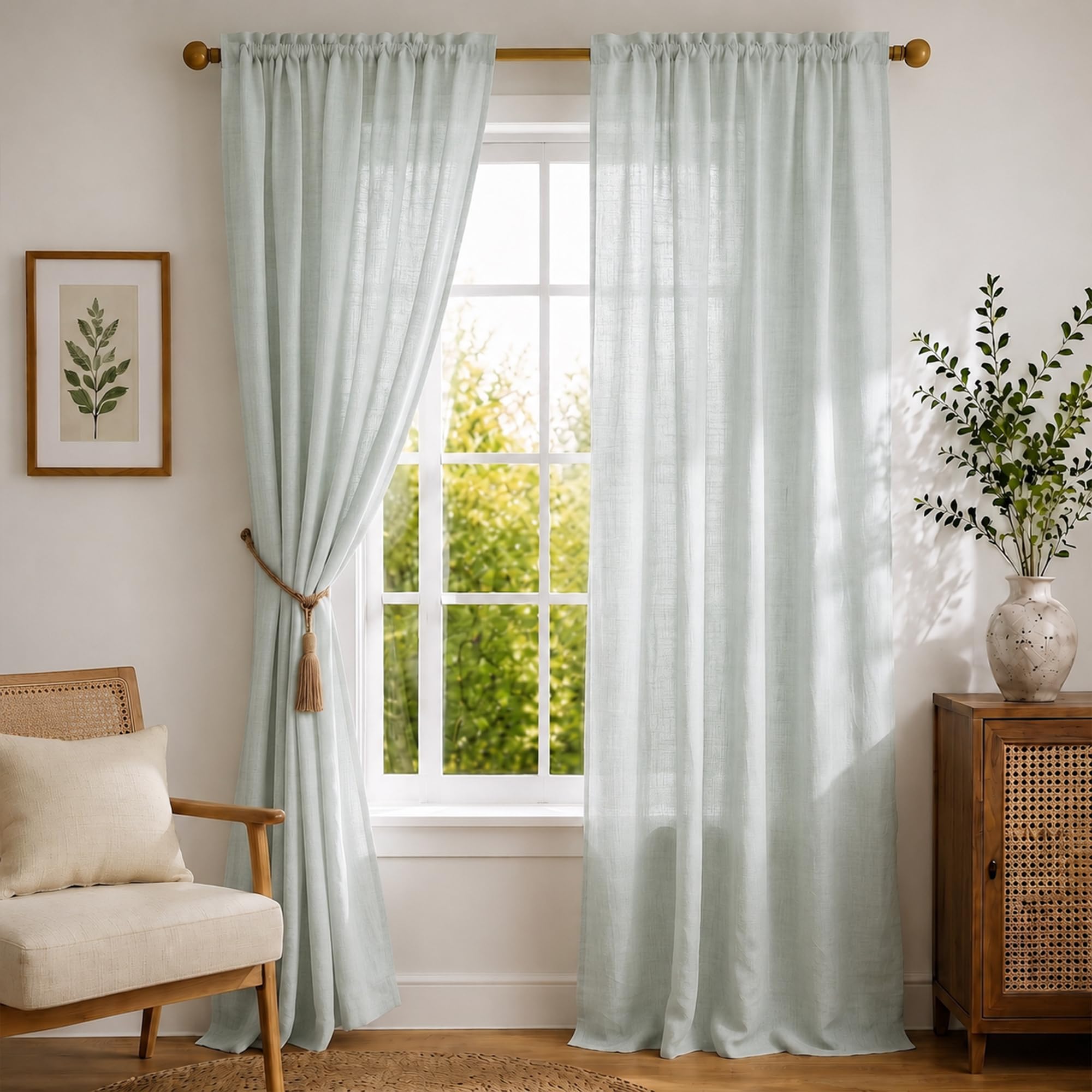 HOMEMONDE Linen Textured Sheer Curtains for Window Semi Transparent 5 Feet Long Panels Set for Home Decoration, Solid Silver Grey - (Top Style - Rod Pocket)
