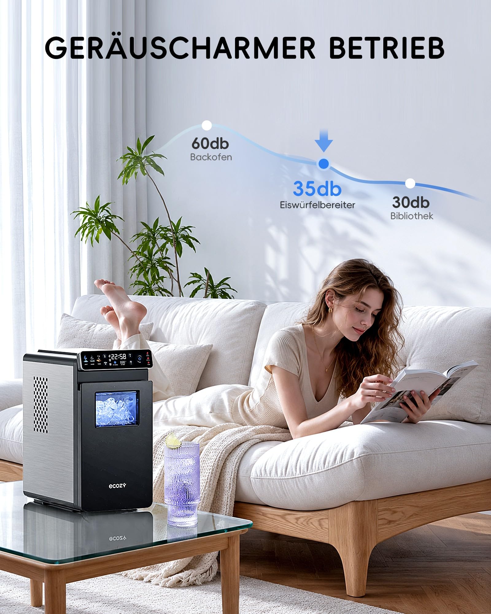ecozy Eiswürfelmaschine Klein, Tragbar und Kompakt mit Farbdisplay, 24-Stunden-Timer, 12 KG/24H, Eiswürfel in 6 Minuten, 2 Eiswürfelgrößen, Selbstreinigende Ice Maker, Ideal für Küche, Büro, Partys