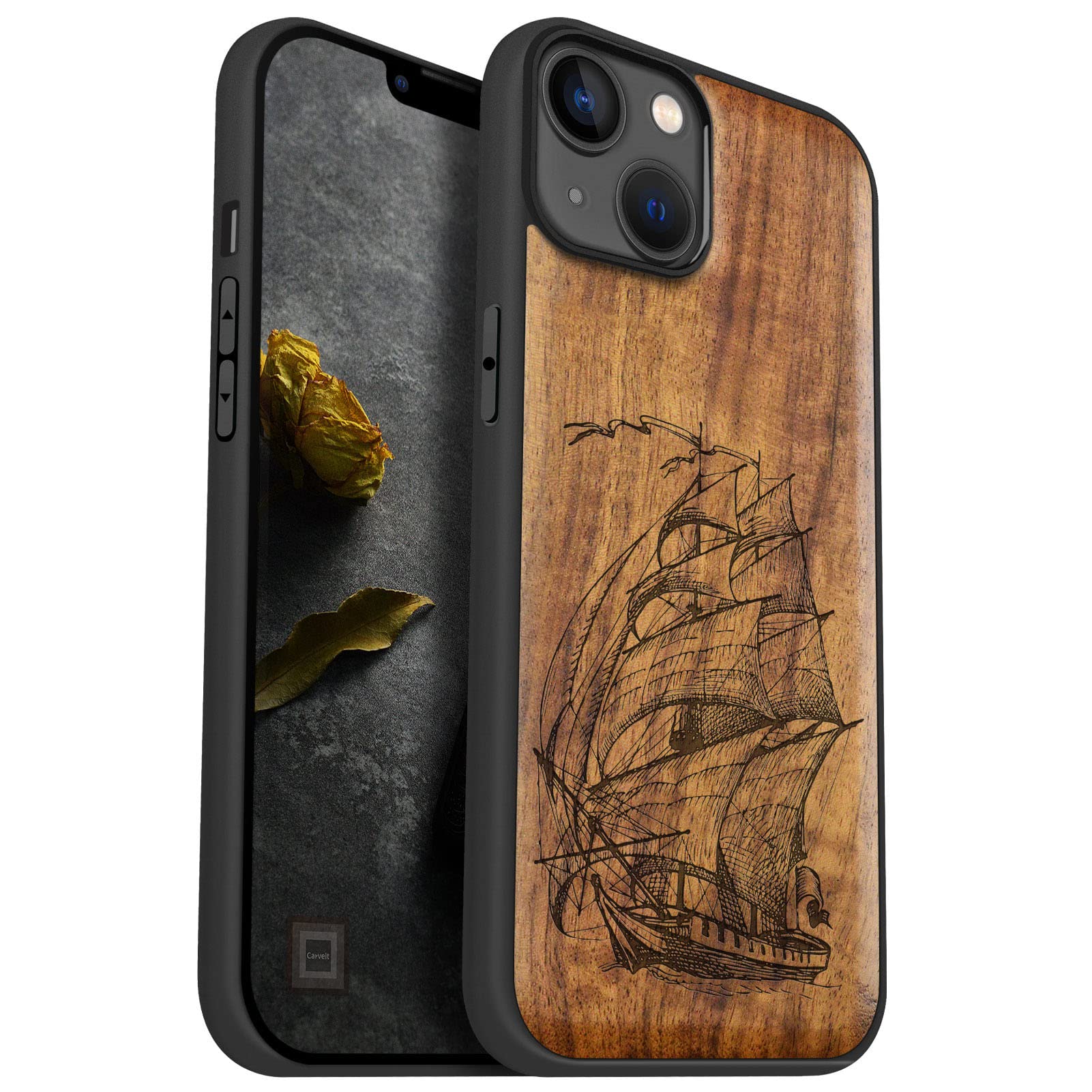 Carveit Magnetic Wood Case for iPhone 14 Plus Case [Natural Wood & Black Soft TPU] Unique & Classy Wooden Shockproof Protective Cover Compatible with